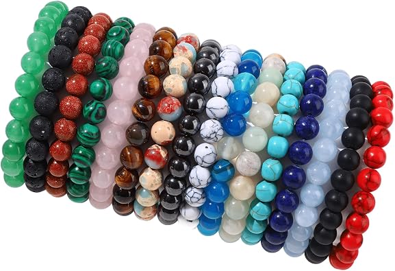 FIRAZIO 16PCS Crystal Stone Beaded Bracelets for Women Men 8MM | Semi-Precious Gemstone Bracelet Round Beaded Stretch Bracelets Unisex Stress Relief Yoga Bracelets Gifts
