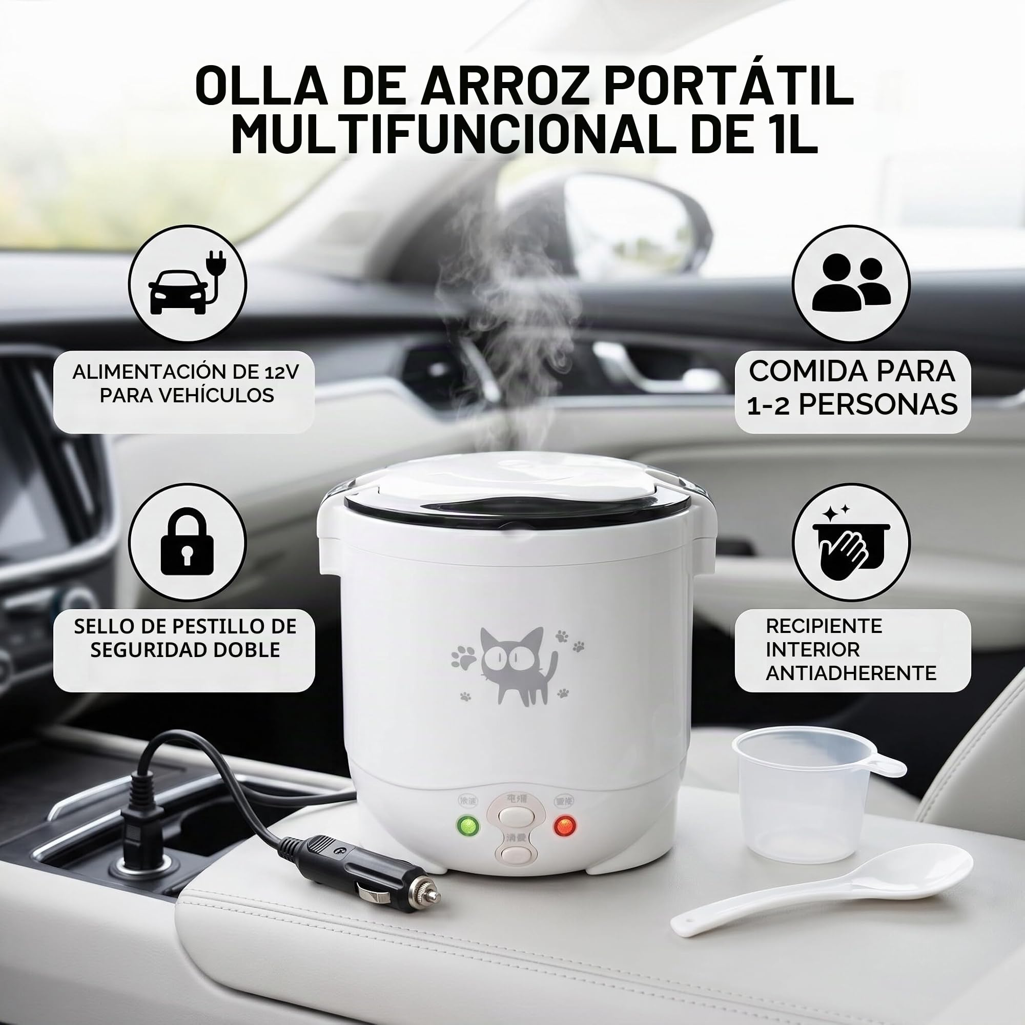 Wakects Olla arrocera para Coche, pequeña Olla arrocera de Viaje 12v para Coche, función Calentar y Mantener Caliente, se Puede Utilizar como Fiambrera eléctrica (Blanco)
