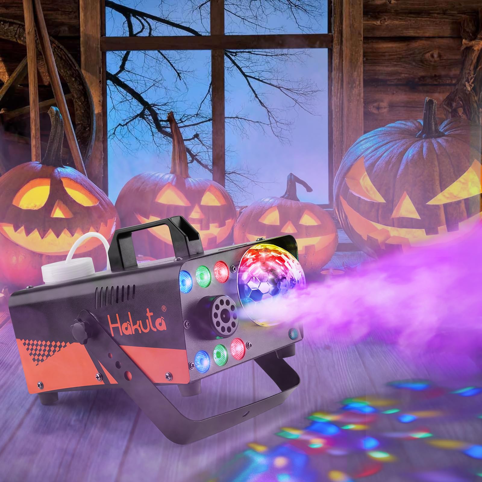 HAKUTA Machine à fumée avec boule disco lumineuse et lumières LED RGB, machine à fumée 2300 CFM Spray avec fonction Auto-Spray, idéal pour Halloween, Noël, mariages