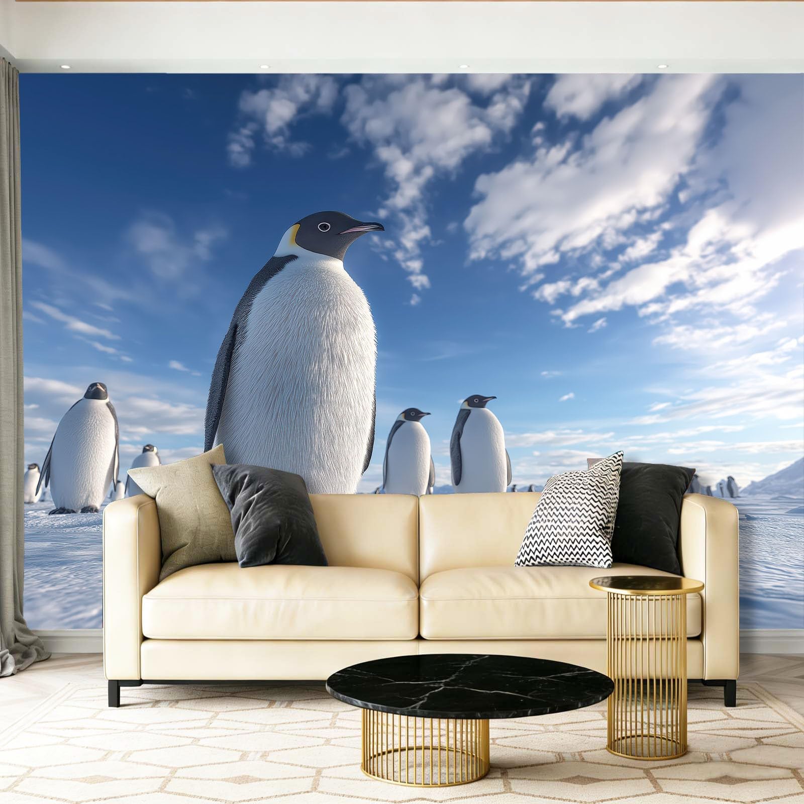 Fototapeta 400 x 280 cm ściany dekoracja salonu design natura zwierzęta pingwiny antarktyczne śnieg do sypialni salonu tapeta z włókniny, niebieski