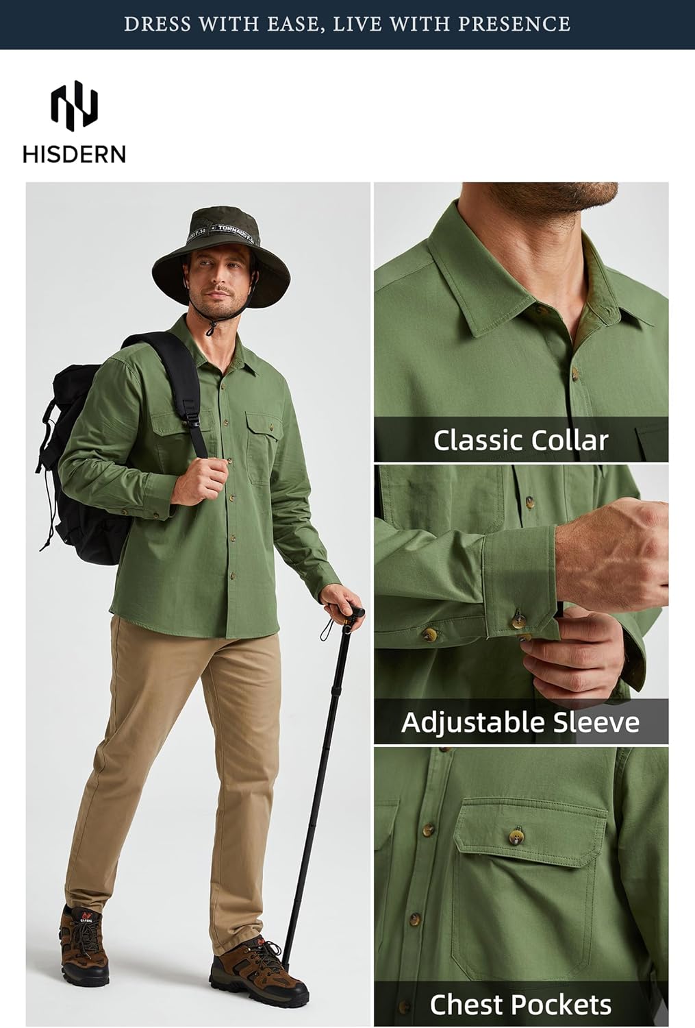 HISDERN 335 Men Long Sleeve Work Shirts with Two Pockets Cotton Button Down Up Shirt Casual Relaxed Fit Workshirt Man - Image 6