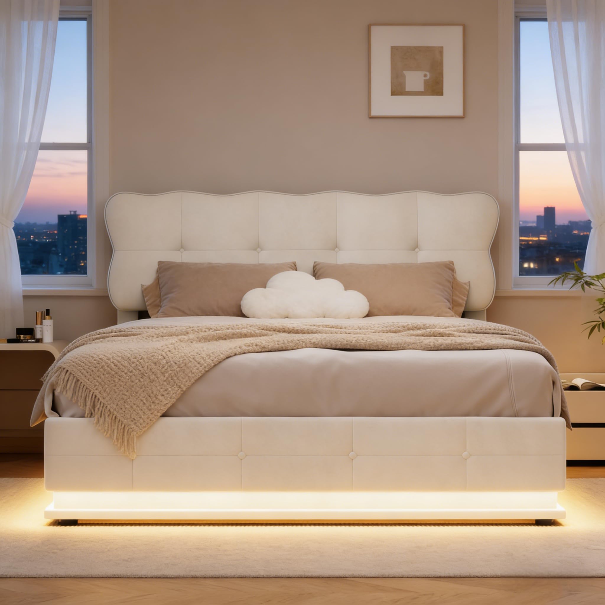 BRILVERDE Cama Tapizada 140x200 con Almacenamiento hidráulico, Cama matrimonial con Toma USB y luz LED, Cabecero Acolchado y Base de Láminas, Terciopelo (Beige, 140 x 200 cm)