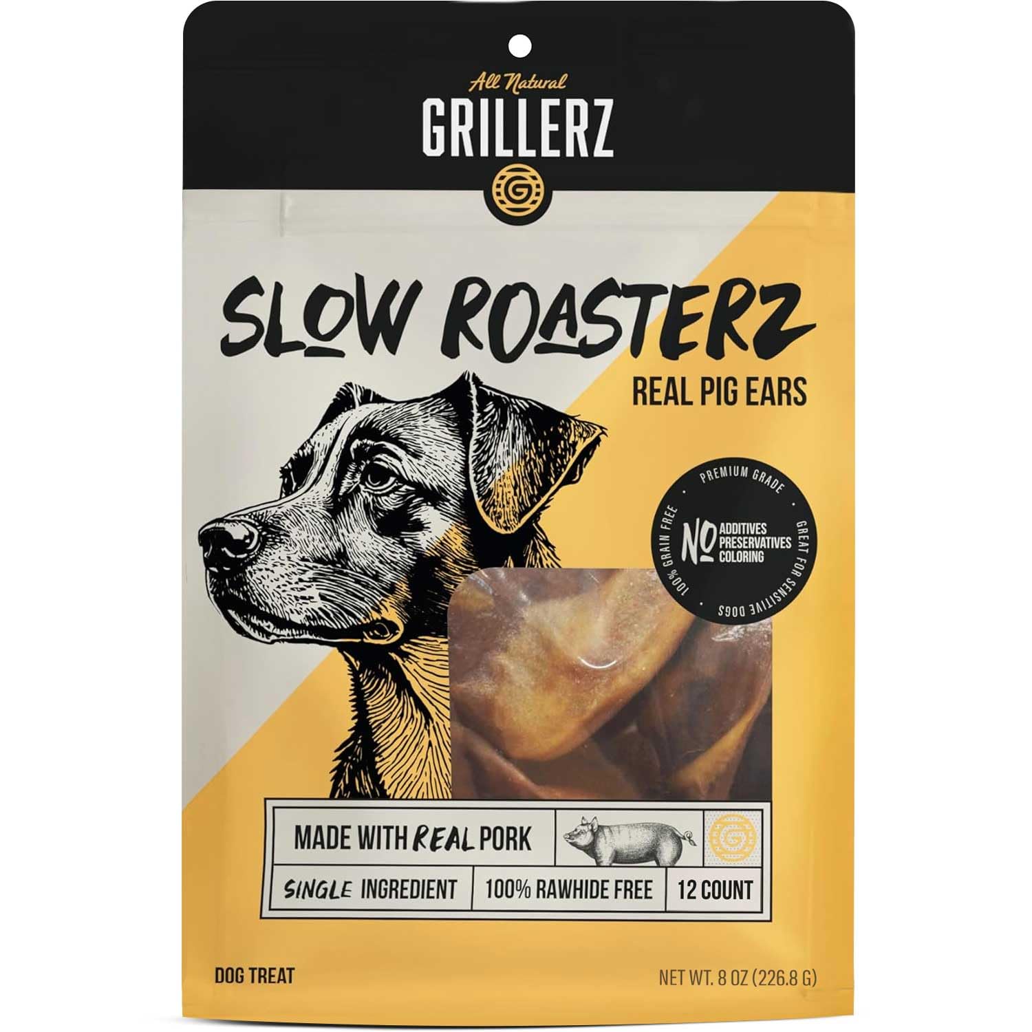 Scott Pet Grillerz Real Pig Ears, 12 Count, Single Ingredient, All Natural Pig Ears for Dogs, Dog Chew for Healthy Teeth, High Protein, Easily Digestible, for Adult Life Stages