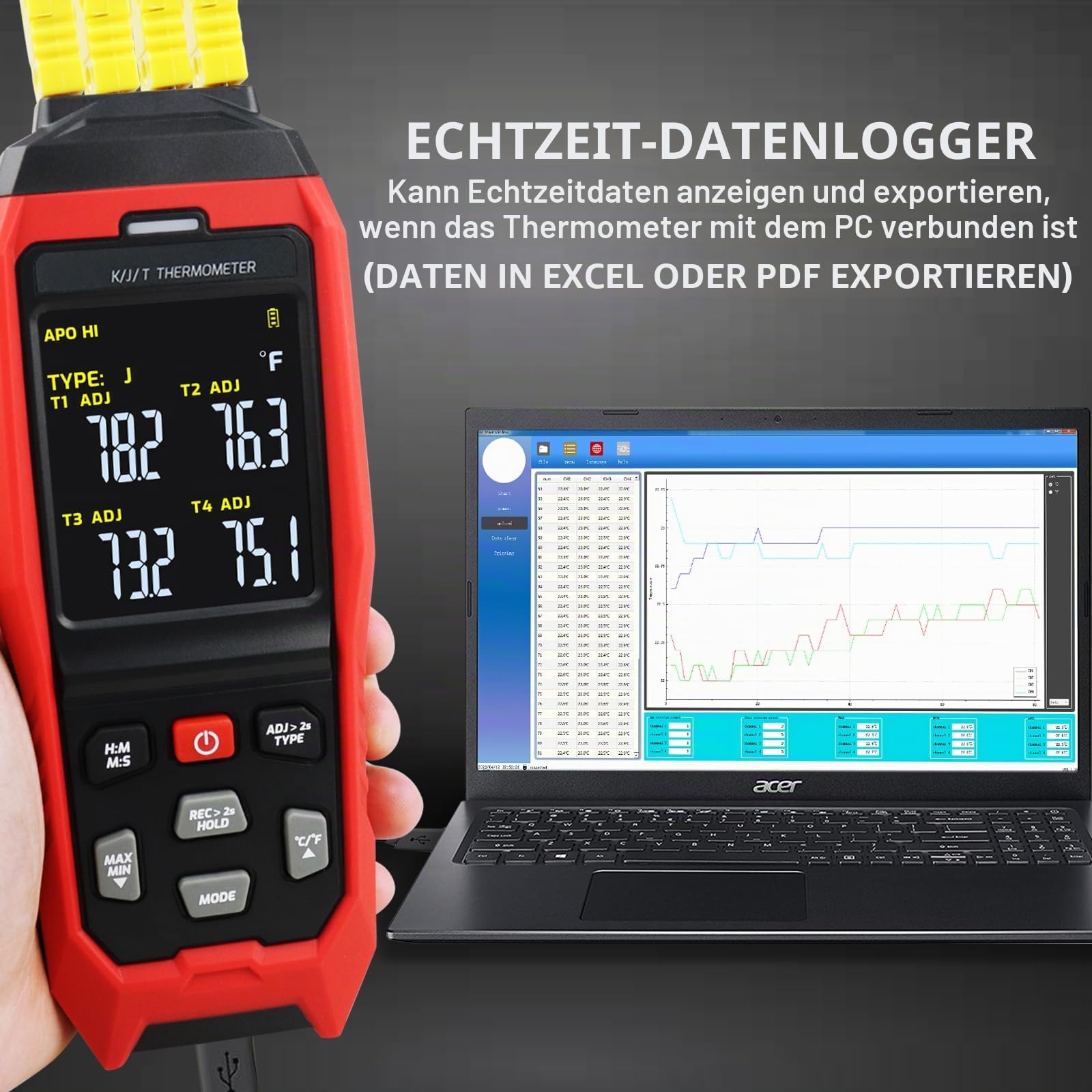 Thermoelement-Thermometer-Datenlogger 4 Kanäle Digitales K-Typ-Thermometer, Echtzeit-Datenprotokollierung, Temperaturdatenlogger, 5000 Gruppenaufzeichnung, Akustische/visuelle Alarme -328~2501°F