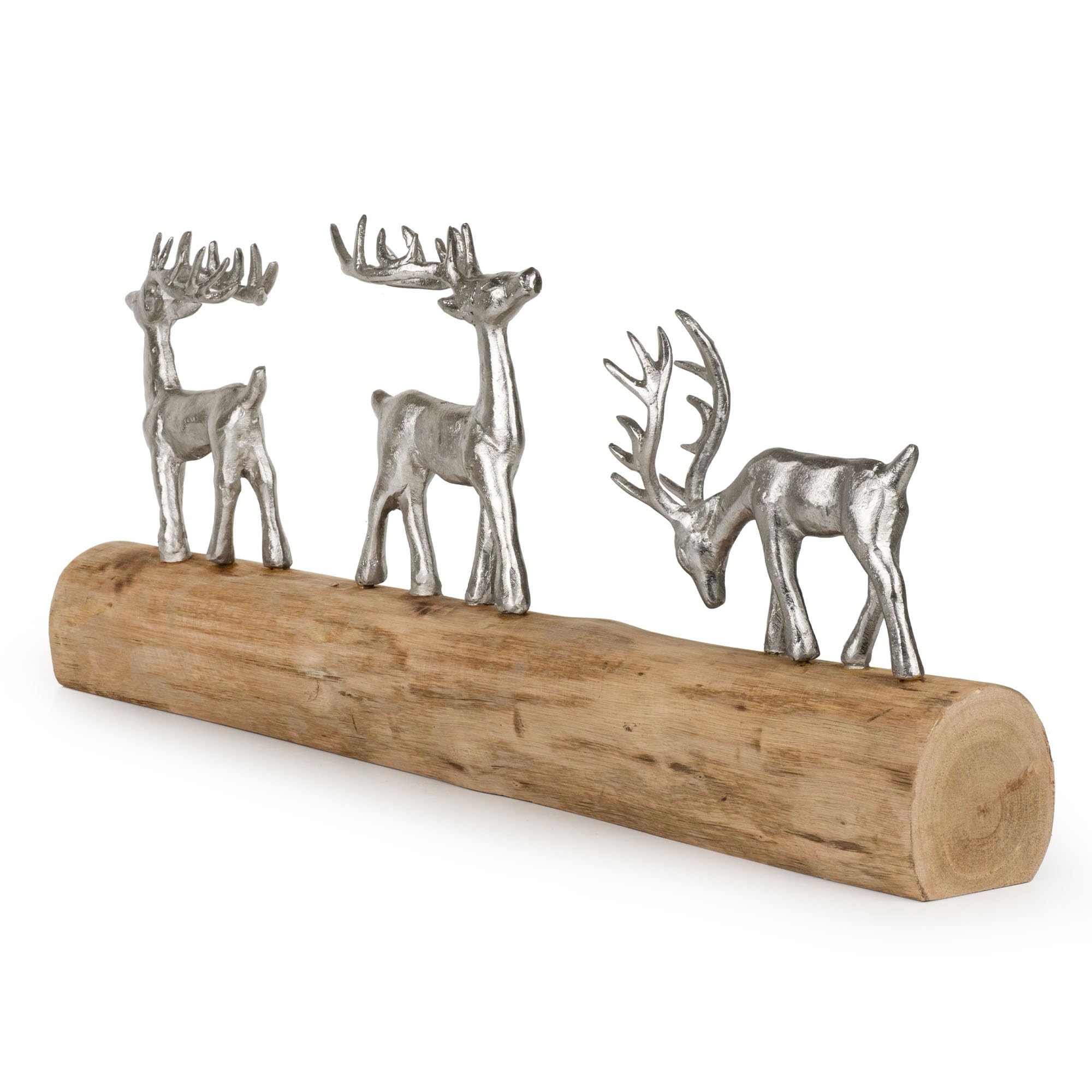 Moritz Weihnachtsdeko Rentiere auf Holzstamm 57 cm handgefertigte Figur aus Aluminium und Mangoholz mit DREI silbernen Hirschen winterliche Dekoration für Fensterbank, Kamin oder Kommode