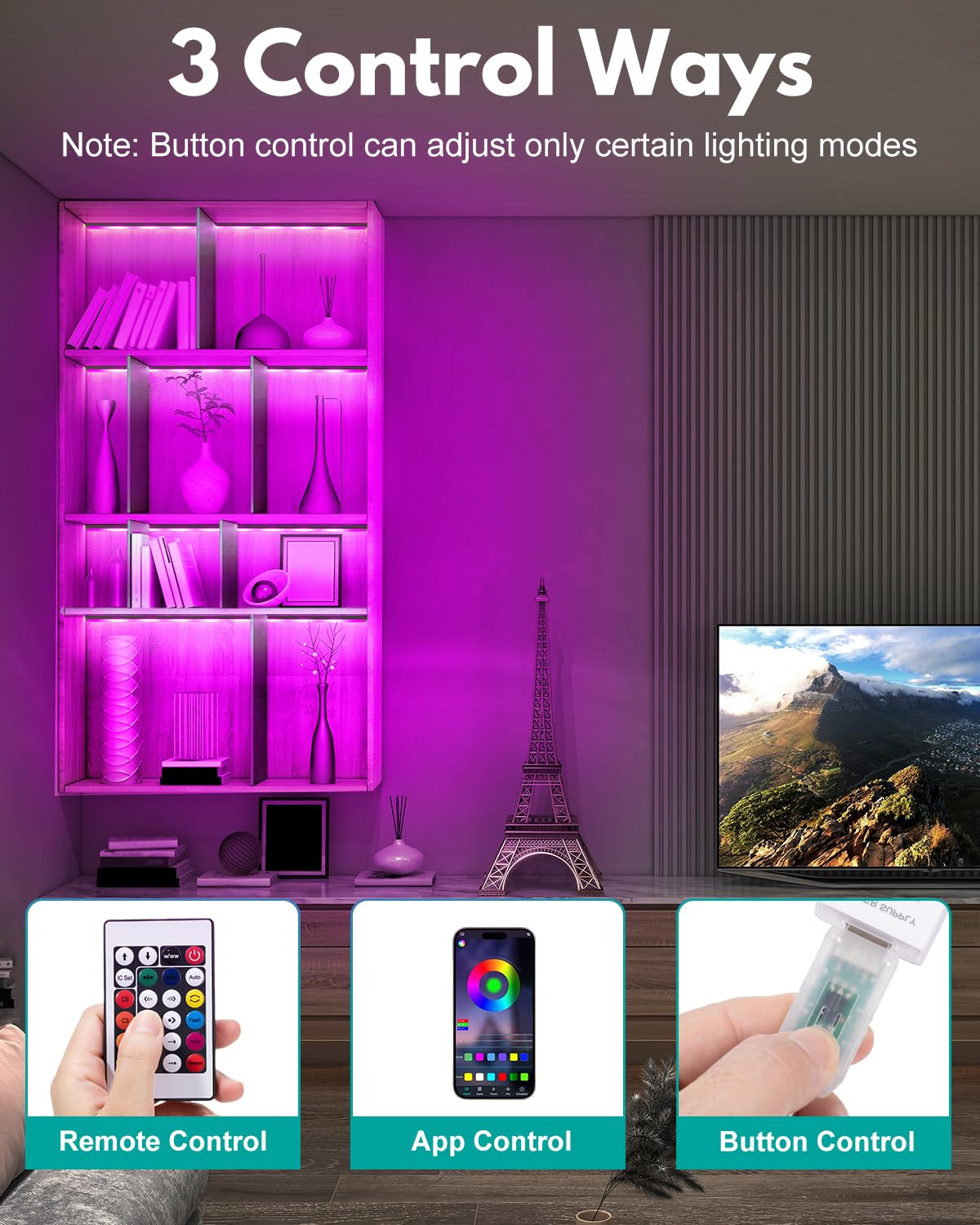 Luci per mensole RGB, 4 pezzi, 30,5 cm, dimmerabili, cambia colore, illuminazione sotto armadio, app e telecomando, diversi colori e modalità di illuminazione, barre luminose a LED per scaffali