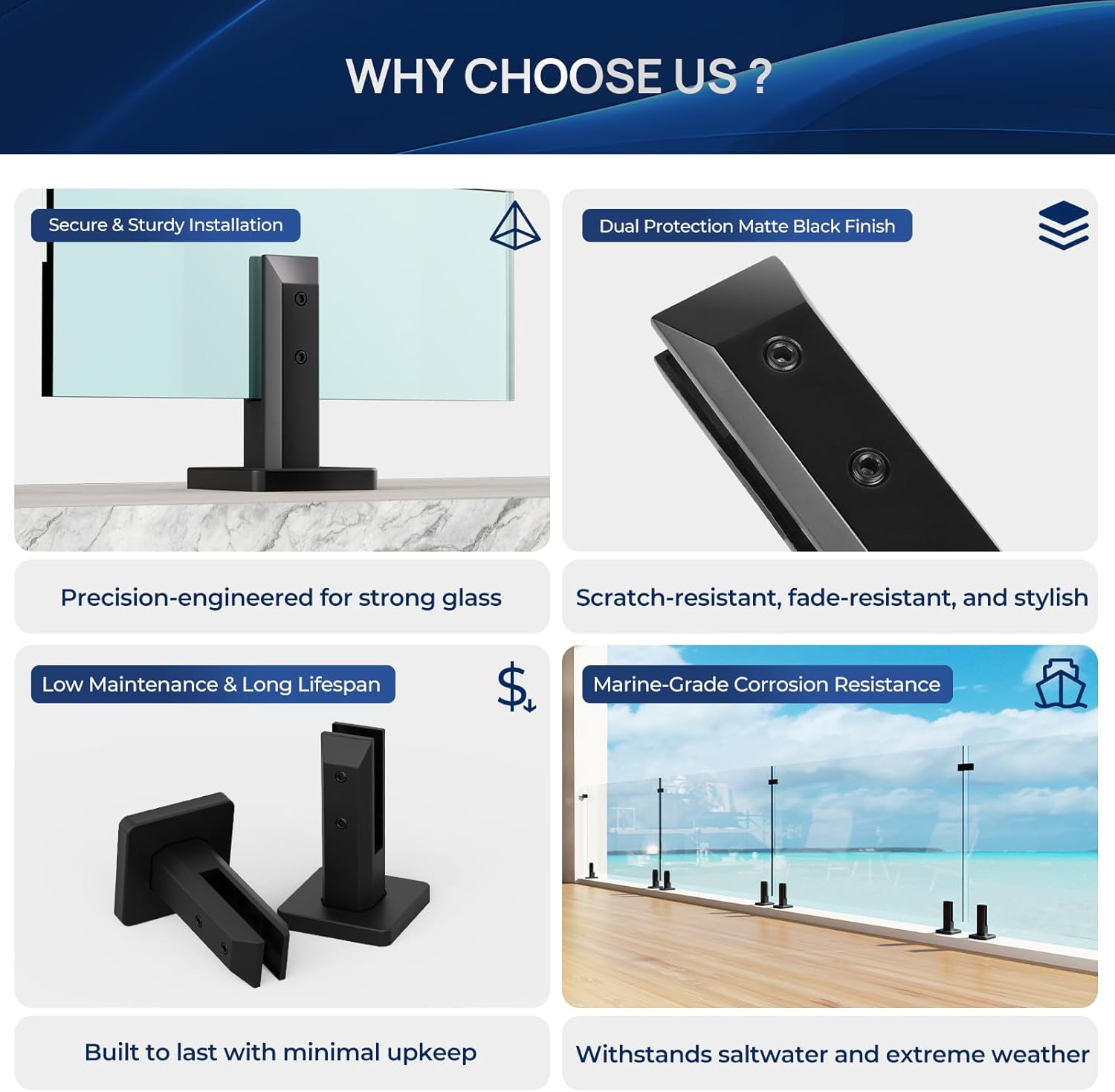 LukLoy 10 Pack Glass Railing Spigot NW. 2.1lb Heavy Duty 316 Stainless Steel Black Glass Pool Fence Railing Post Clamps for Stairs Balustrade Balcony (10 Pack, Each NW 2.1lb, GW 3.0lb) - Level 2