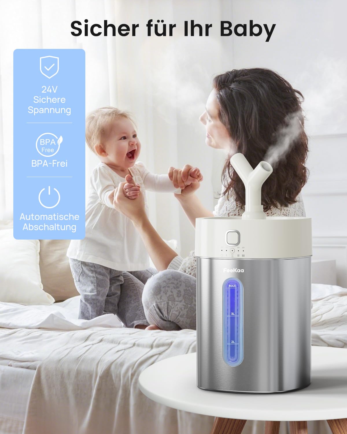 Luftbefeuchter Große Räume 4L Edelstahl, Ultraschall Kaltnebler, Weiß | Bis 50 m² Große Räume, Spülmaschinengeeignet, Leiser Betrieb, für Schlafzimmer, Babyzimmer, Büro, Wohnzimmer & Zimmerpflanzen