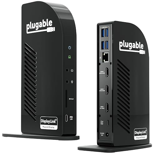 Plugable USB-C Triple Monitor Docking Station: 13-in-1 Laptop Dock with 100W Charging for Mac (DisplayLink Driver Required), Windows, Chrome, 3 HDMI, Gigabit Ethernet, SD, USB-C 20W, 4 USB - UD-ULTCDL