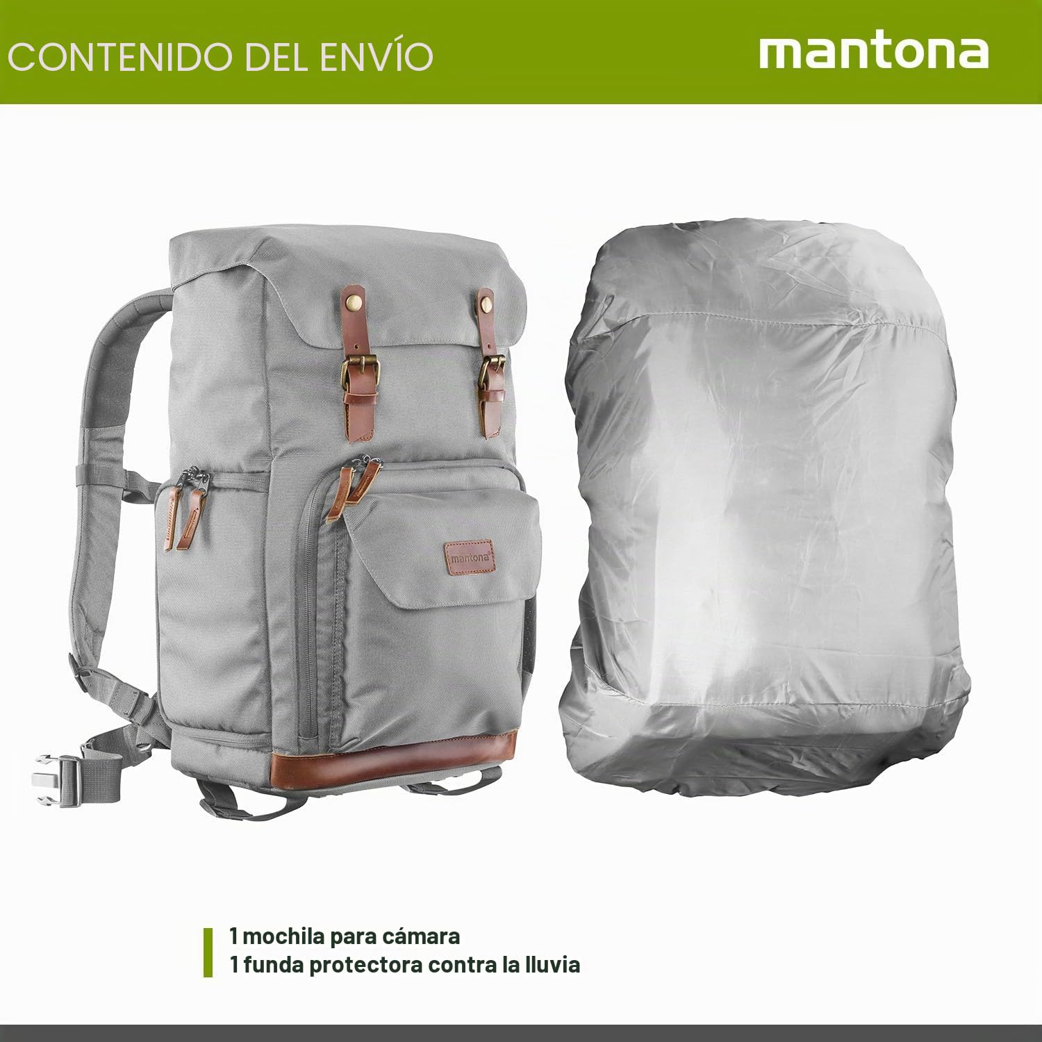 Mantona Mochila Retro Luis (con Aplicaciones de Cuero, Incluye Funda de Lluvia, Compartimentos Flexibles y Espacio para Laptop, Compatible con 1 Cámara DSLR, 3 Objetivos y Otros Accesorios), Gris