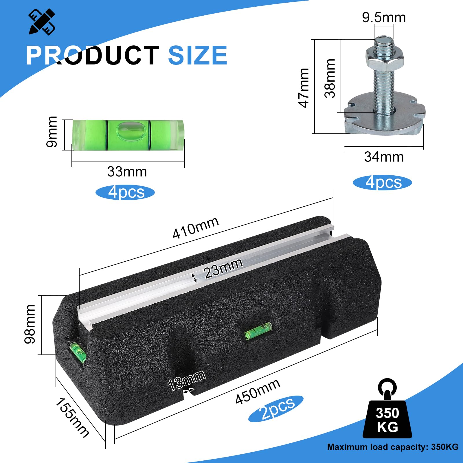 EXLECO 2 Silent Blocs pour Antivibratoires Pompe à Chaleur 450mm avec Niveau à Bulle, Console de sol pour Climatiseur Exterieure, Support en Caoutchouc pour Résistants aux UV, Charge Max. 350KG
