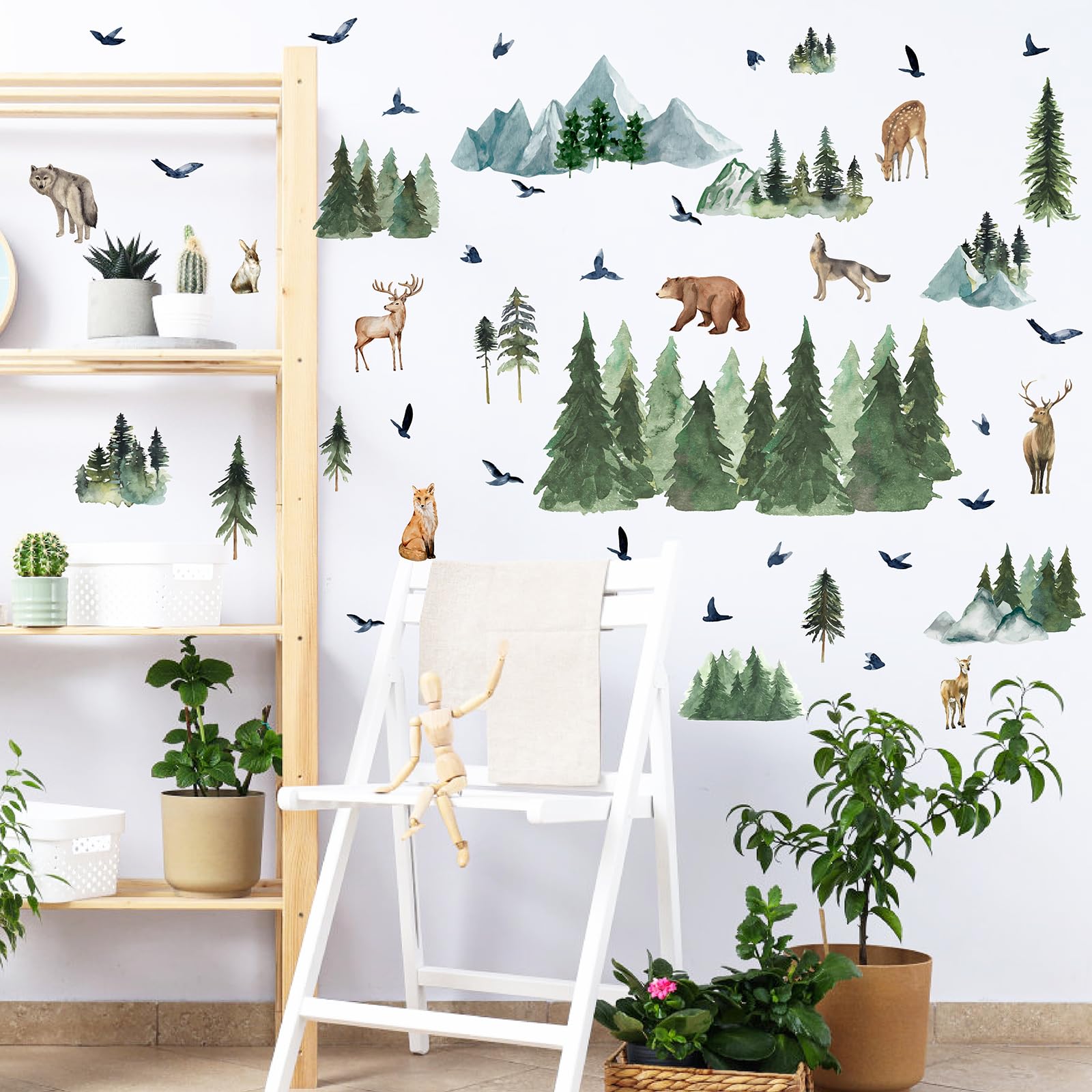 MOSITU Woodland Animal Wall Stickers 49 Pcs 2 Sheets Watercolour Forest Decals with Pine Trees Bear Deer Fox for Kids Bedroom Nursery Decor - Image 3