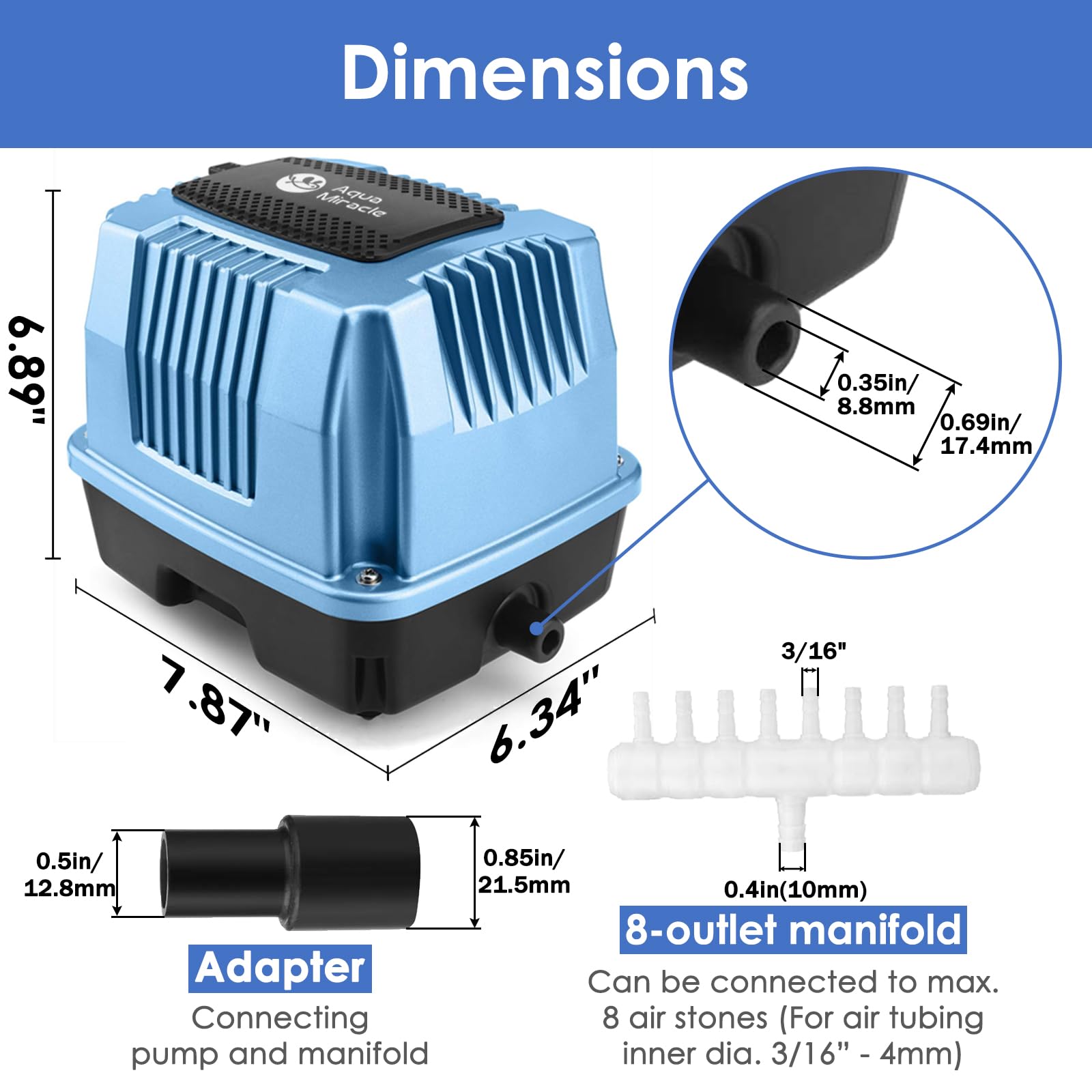 AquaMiracle Super Powerful Linear Air Pump AP-60 Pond Aerator, Septic Air Pump, Hydroponic Air Pump, Koi Pond Air Pump 950GPH, for Pond, Waste Treatment, Fish Farm, Seafood Restaurant