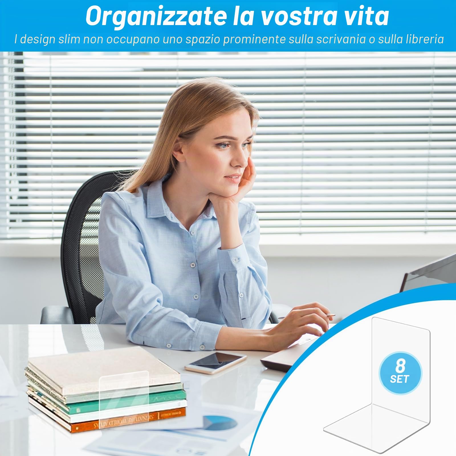 Fermalibri Acrilico Trasparente 8 Pezzi UCAMP per Mensole Libreria