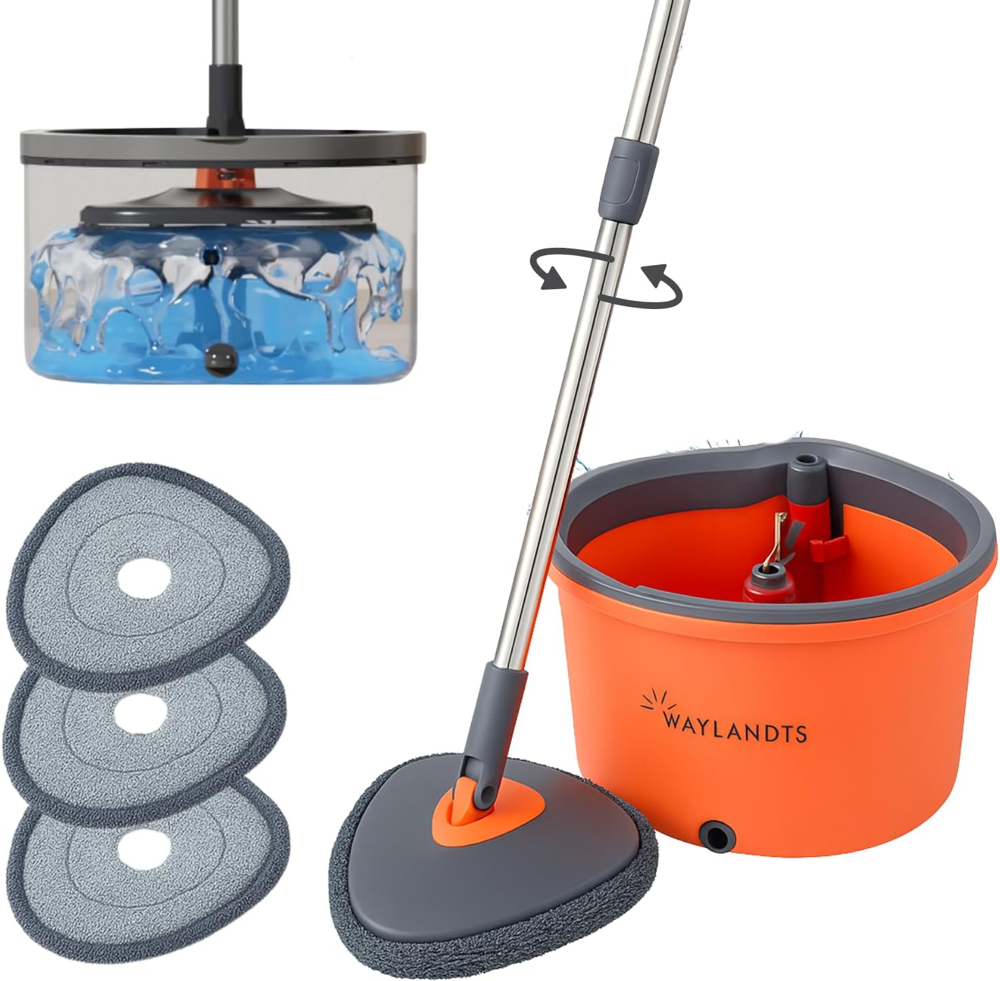 Spin Mop & Tear Drop Bucket Set with 3 Pads - Dual Compartment Design for Clean & Dirty Water, 360° Swivel Mop Head, Built-in Scrubbing Brush, Stainless Steel Handle