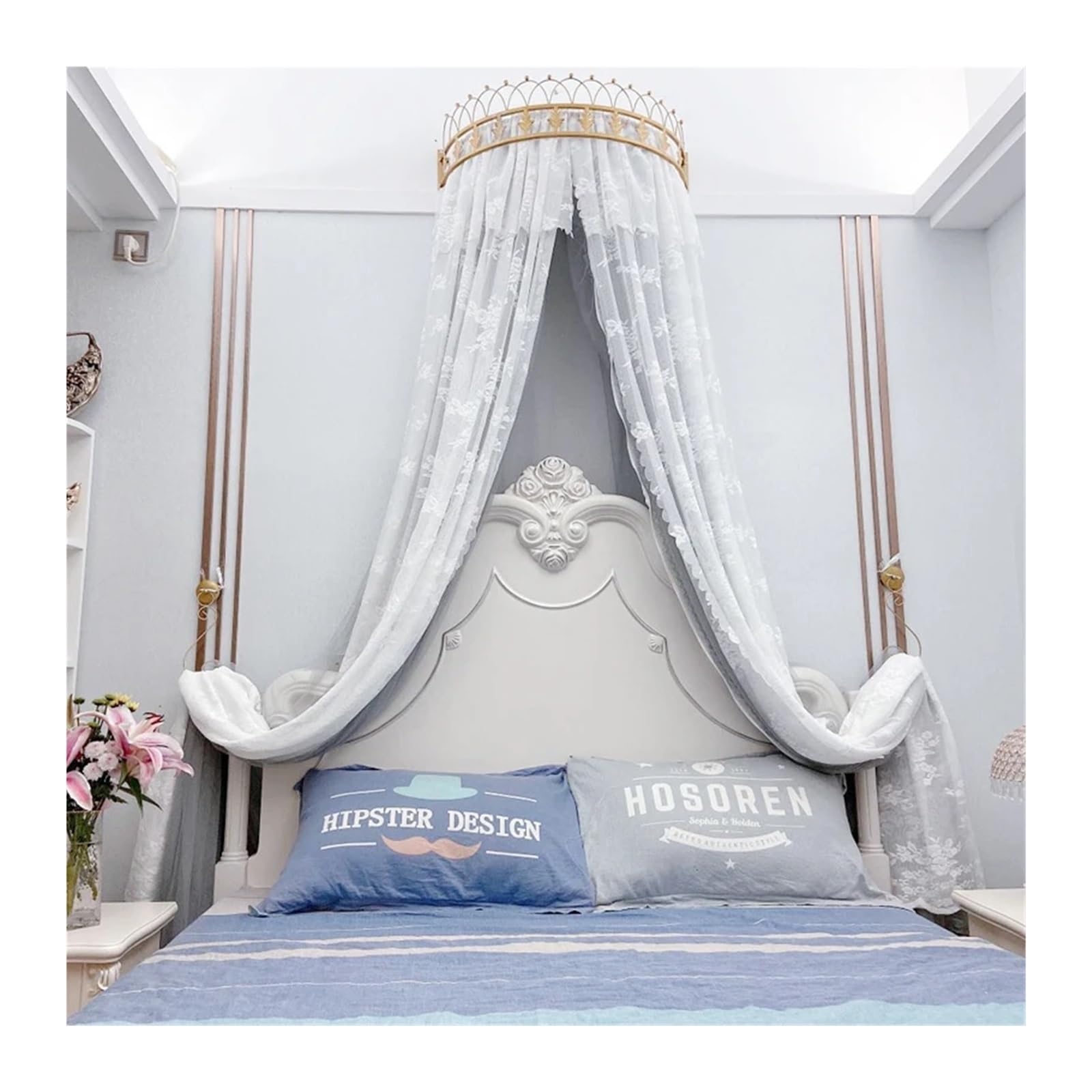KiddiBubzi Princess Bed Canopy Bed Curtain Girl Children Room Decor Bedside Yarn Net Romantic Princess Tents Bed Canopy Valance(Crown gray curtain,1.5m (5 feet) bed)