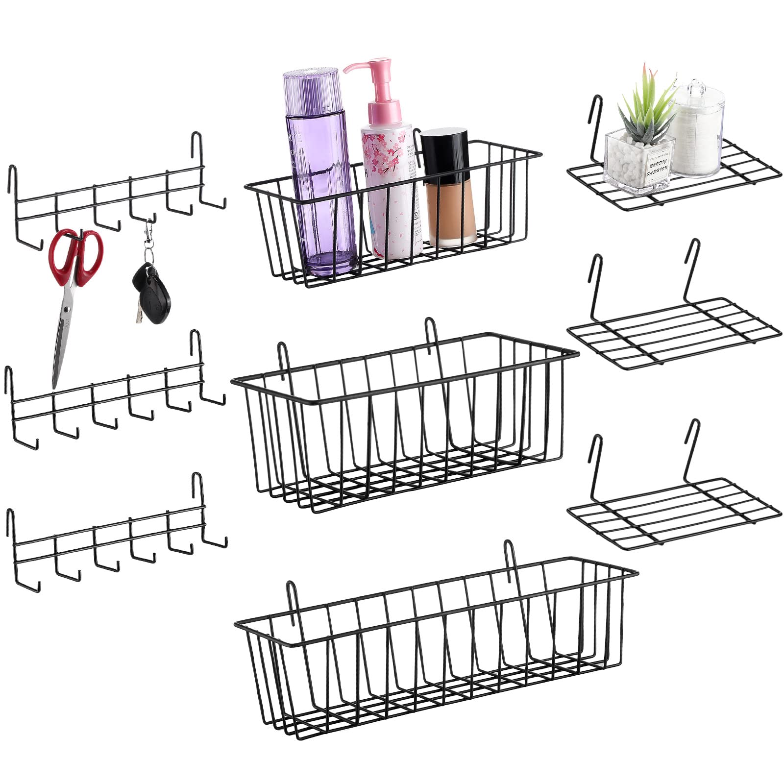 Fumete 9 Pcs Hanging Wire Basket Grid Wall Accessories Hanging Shelf Set Includes 3 Pcs Grid Wall Basket 3 Pcs Wire Straight Shelf and 3 Pcs Black Grid Hooks Rack for Wall Grid Storage Display