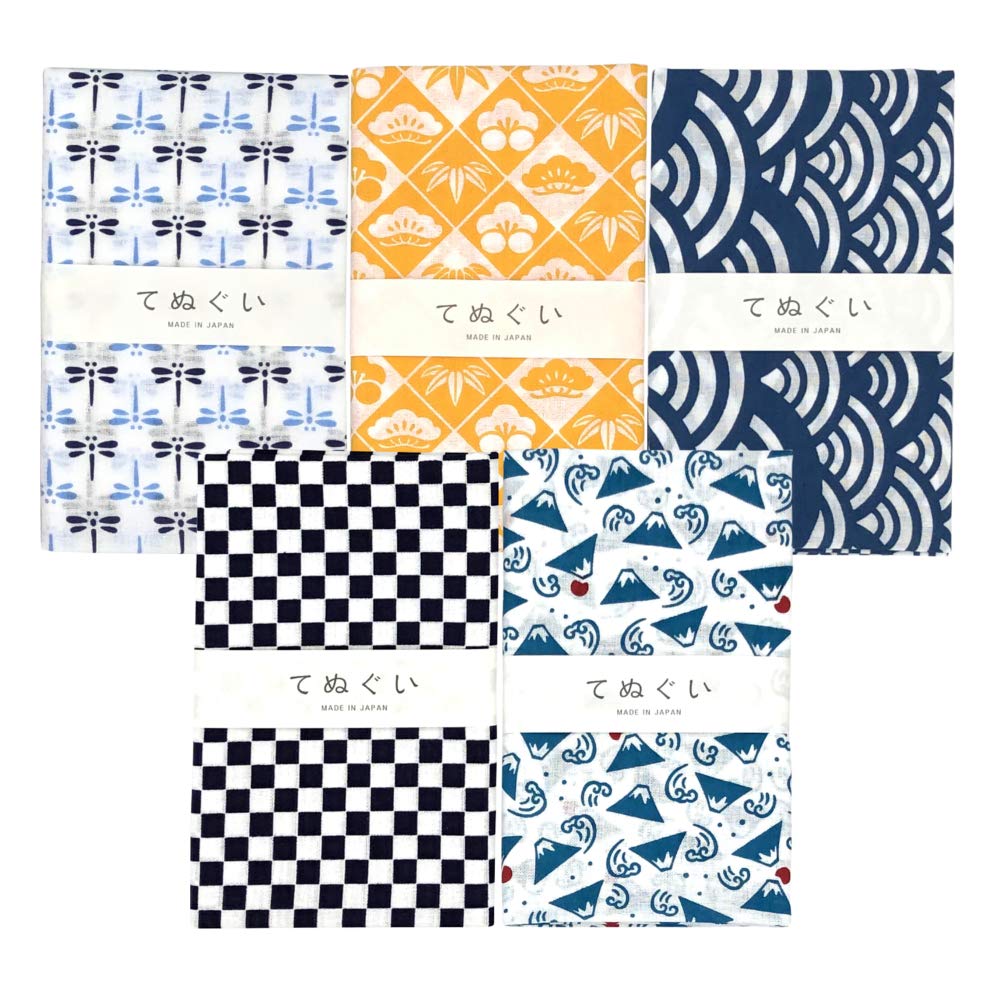 Kokon Tenugui Fine Pattern Set of 5 Cotton Hand Towel 35in Made in Japan