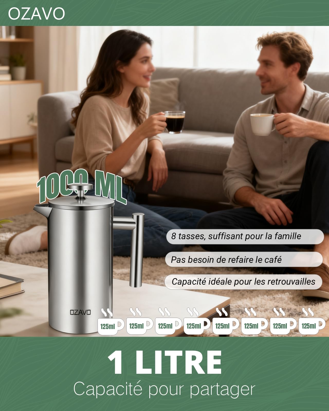 Caffettiere a Pistone Caffettiera Francese in Acciaio Inox, Capacità 1 L per 8 Tazze French Press Caffè, con 5 Filtri di Ricambio