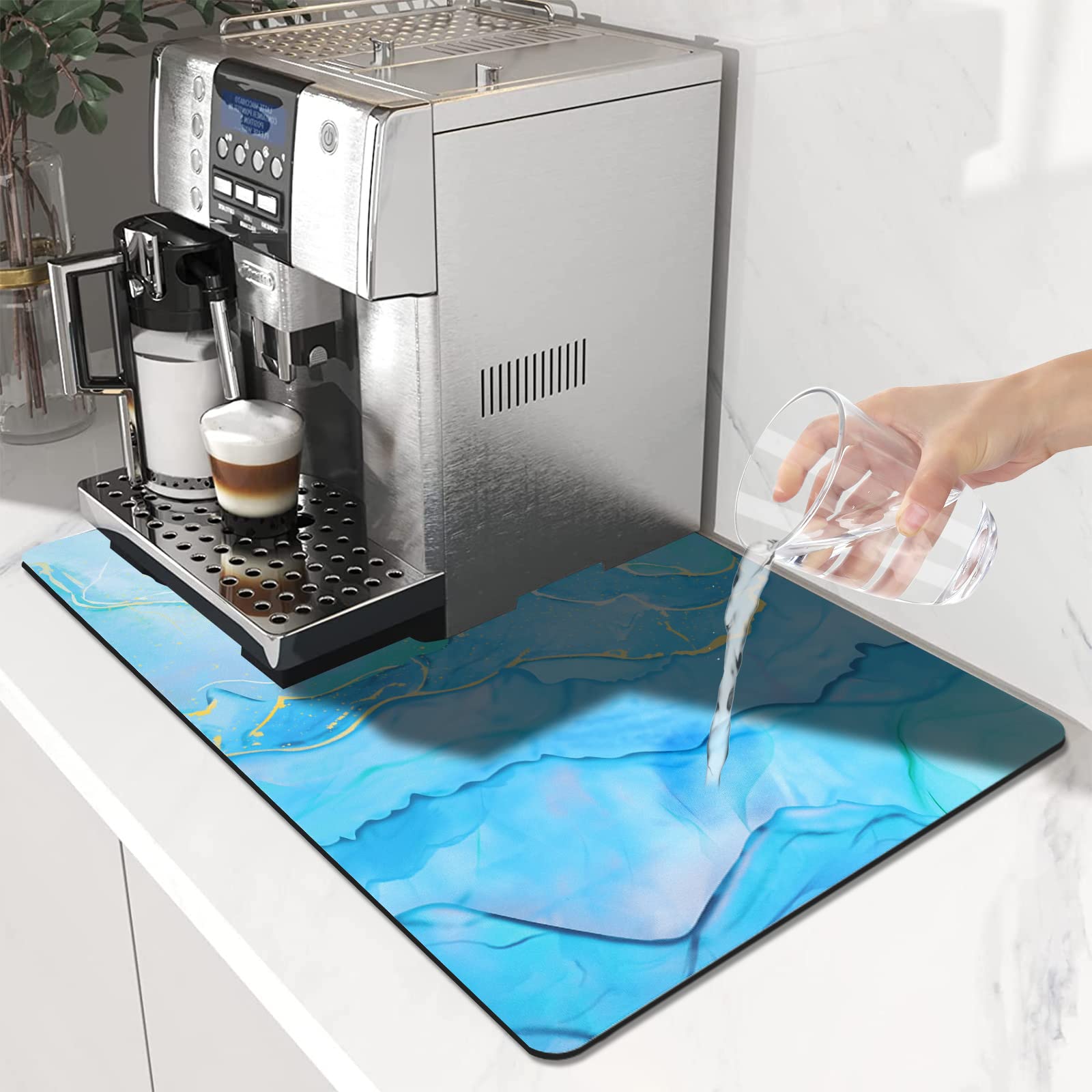 U'Artlines 2Pack Coffee Mat 16"x24" Hide Stain Rubber Backed Absorbent Dish Drying Mat Marble Print Coffee Maker Mat for Kitchen Countertop Coffee Bar Mat Accessories Fit Under Espresso Machine (Teal)