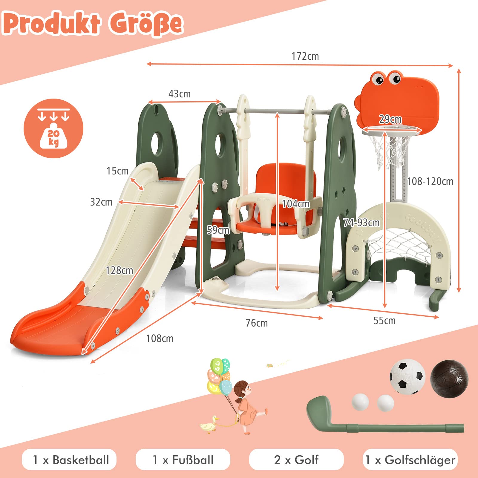 DREAMADE 5 in 1 Kinderrutsche mit Schaukel und Basketballkorb Fußballtor Golfloch, Kinder Rutsche- und Schaukelset, Kinder Spielplatz für Indoor und Outdoor (Orange)