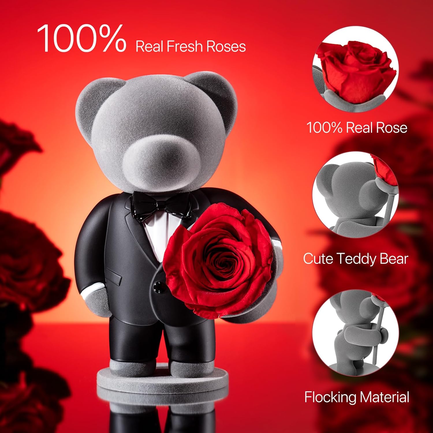 JoyFlower Preserved Flowers with Cute Teddy Bear in Suit, Unique Gentleman Bear Eternal Real Red Rose Romantic Gift with Elegant Gift Box for Girlfriend Wife Her in Valentines Birthday Anniversary - Image 5