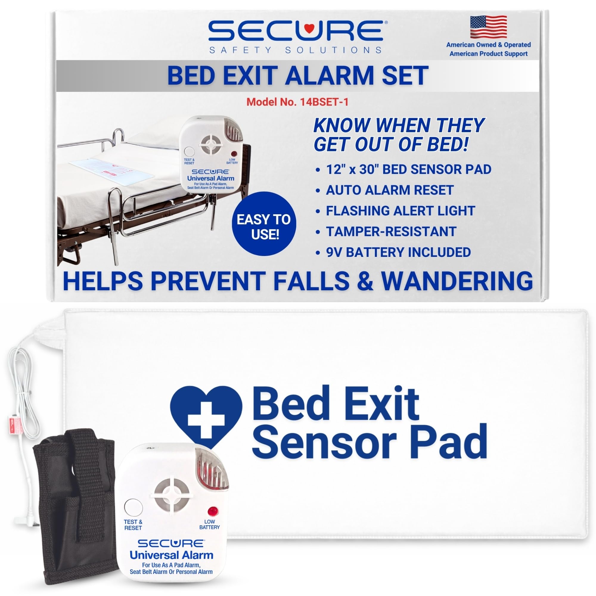 Bed Alarm for Elderly Adults - 12" x 30" Pressure Sensor Pad, 80 dB Caregiver Alert Monitor with Protective Holder, 9V Battery - Fall Prevention, Dementia Patient Monitoring