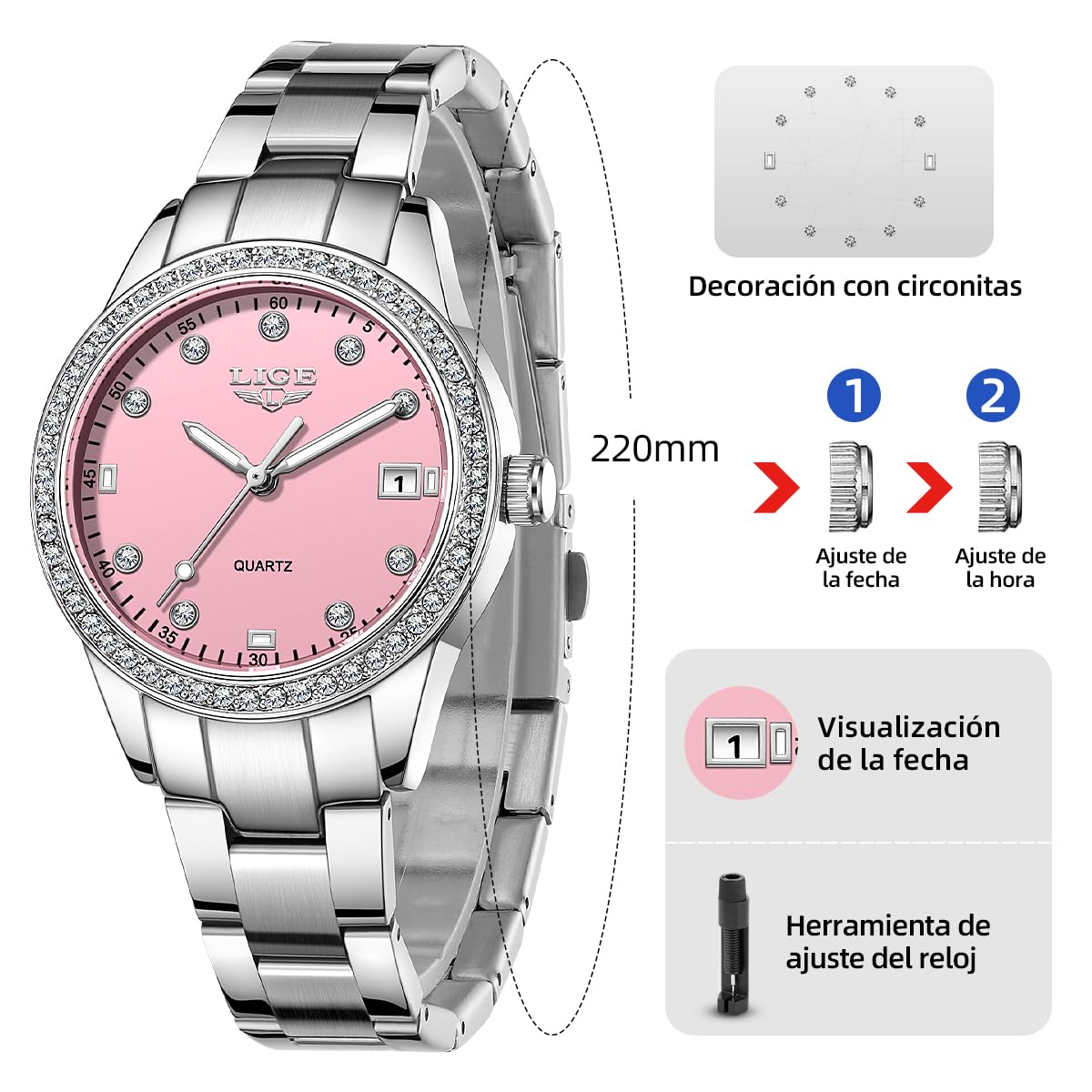 LIGE Reloj Mujer Cuarzo Analógico Lujo Elegante Bisel Cristales Strass 34mm | Pulsera Metálica Plata Agujas Luminosas Visualización Fecha Cristal Antiarañazos Resistente Agua 3ATM Regalo para Mujer