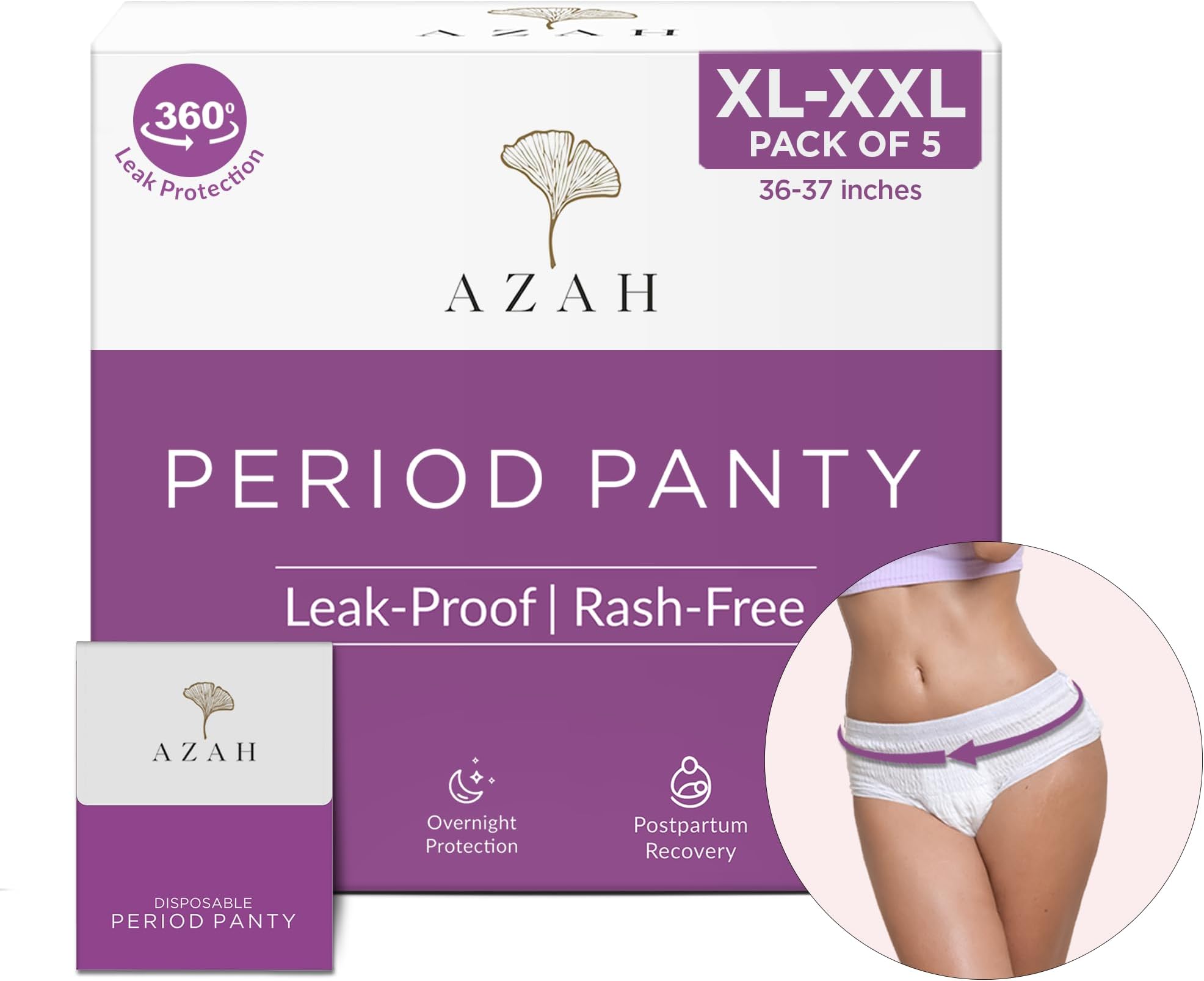 Azah Period Panty for Girls [XL-XXL, Pack of 5] | Leak Proof & Rash Free | Disposable Period Panty for Women Heavy Flow | 12 Hrs Protection | Super Absorbent 360° Coverage | With Disposable Bag