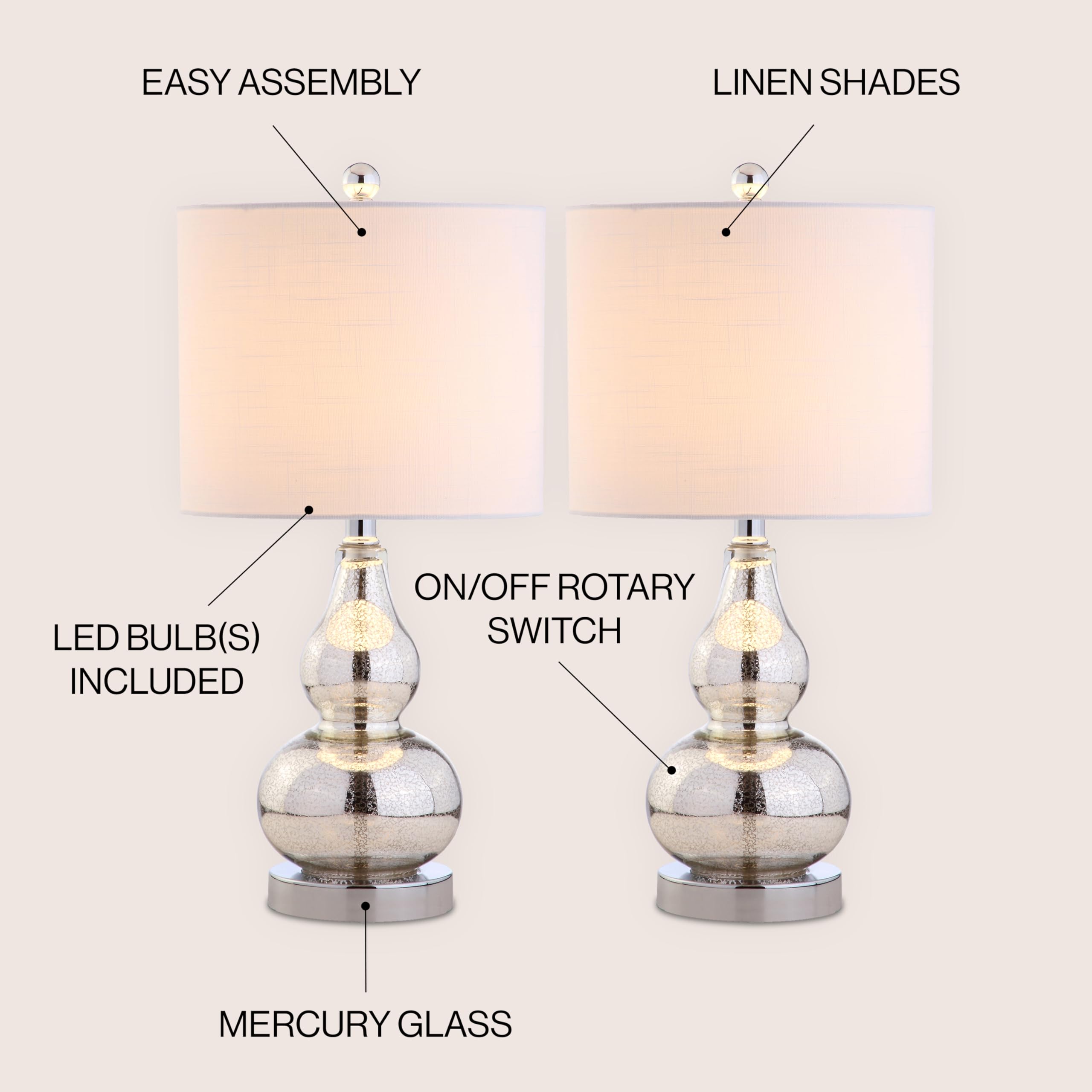 JONATHAN Y Anya Gourd Glass Table Lamp 20.5 Mercury Silver Set of 2 | Modern White Linen Drum Shade Bedside Nightstand LED Bulbs Included Chrome Metal Base product thumbnail 5