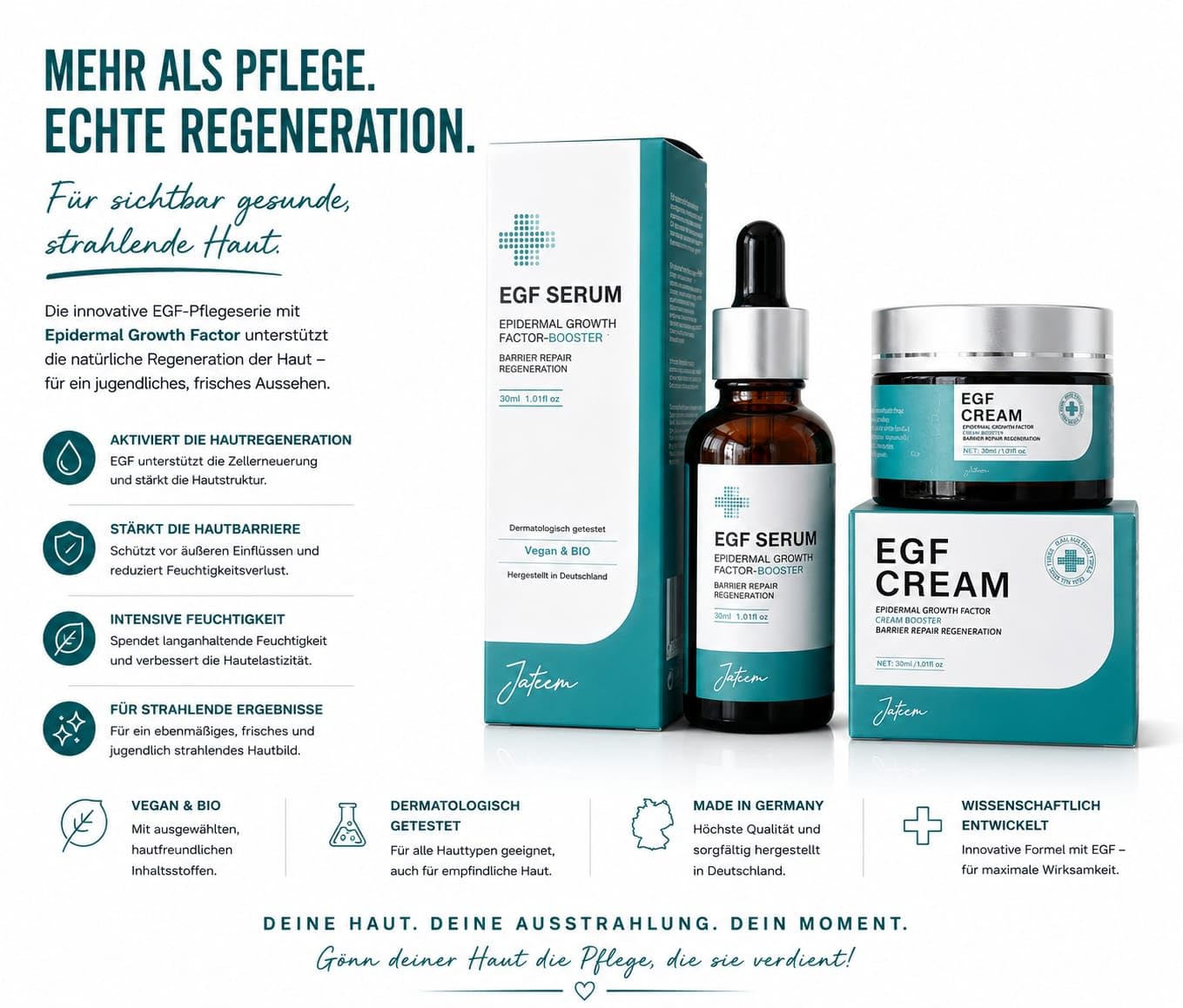 EGF Serum 30ml und Creme Set, Epidermal Growth Factor Booster, OLIGOPEPTIDE, hochdosiert Hautbilderneuerndes Reparatur Akne Narben Falten Flecken Konzentrat Microneedling Lifting, Made in DE