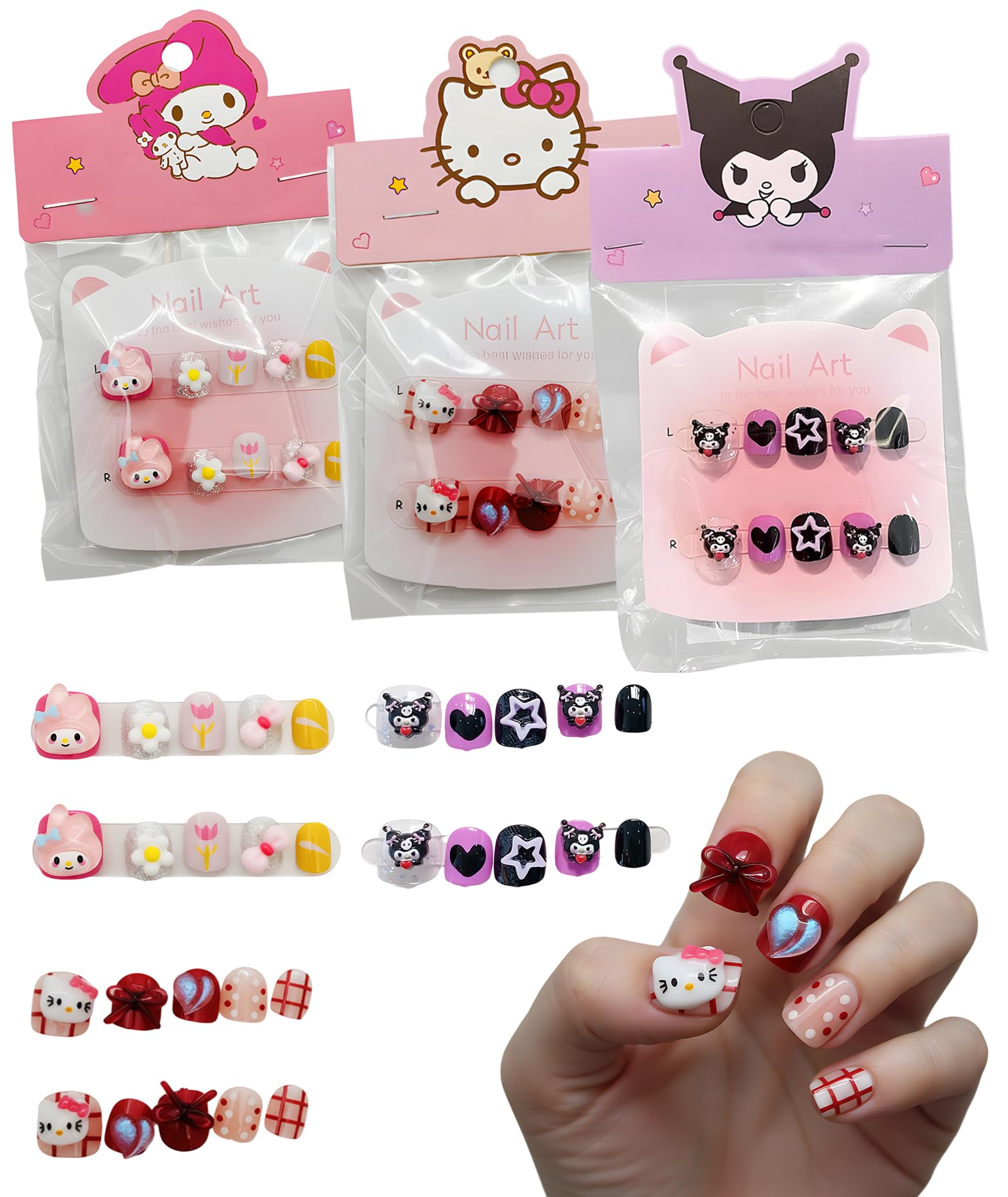 3 Boxes Nail Art Kit for Girls 6-12, Fake Nails Extension Kit with Cartoon Designs, Press on Nails Kit for DIY Manicure, Safe Artificial Nails Set for Fashion