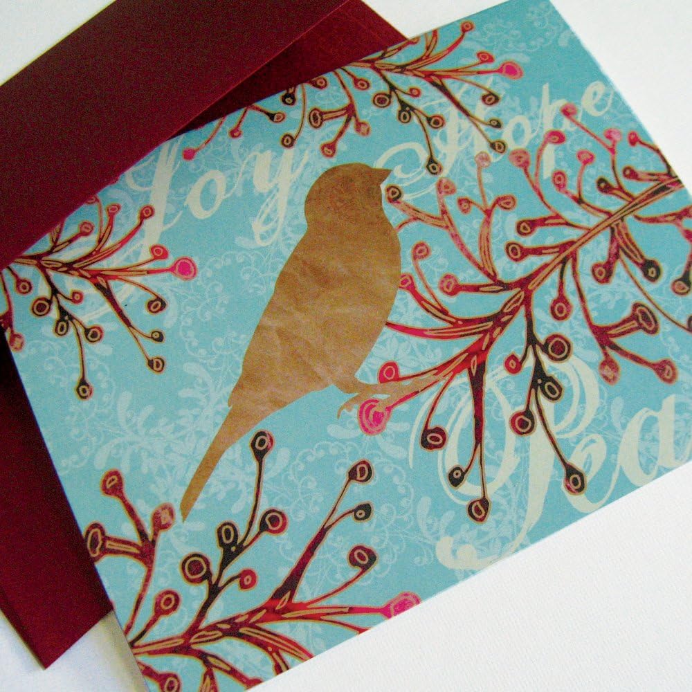 Christmas Holiday Cards - Blank Inside - Set of 24 - Cranberry Bird Branch: Peace, Joy, Hope - Pearlescent Red Envelopes