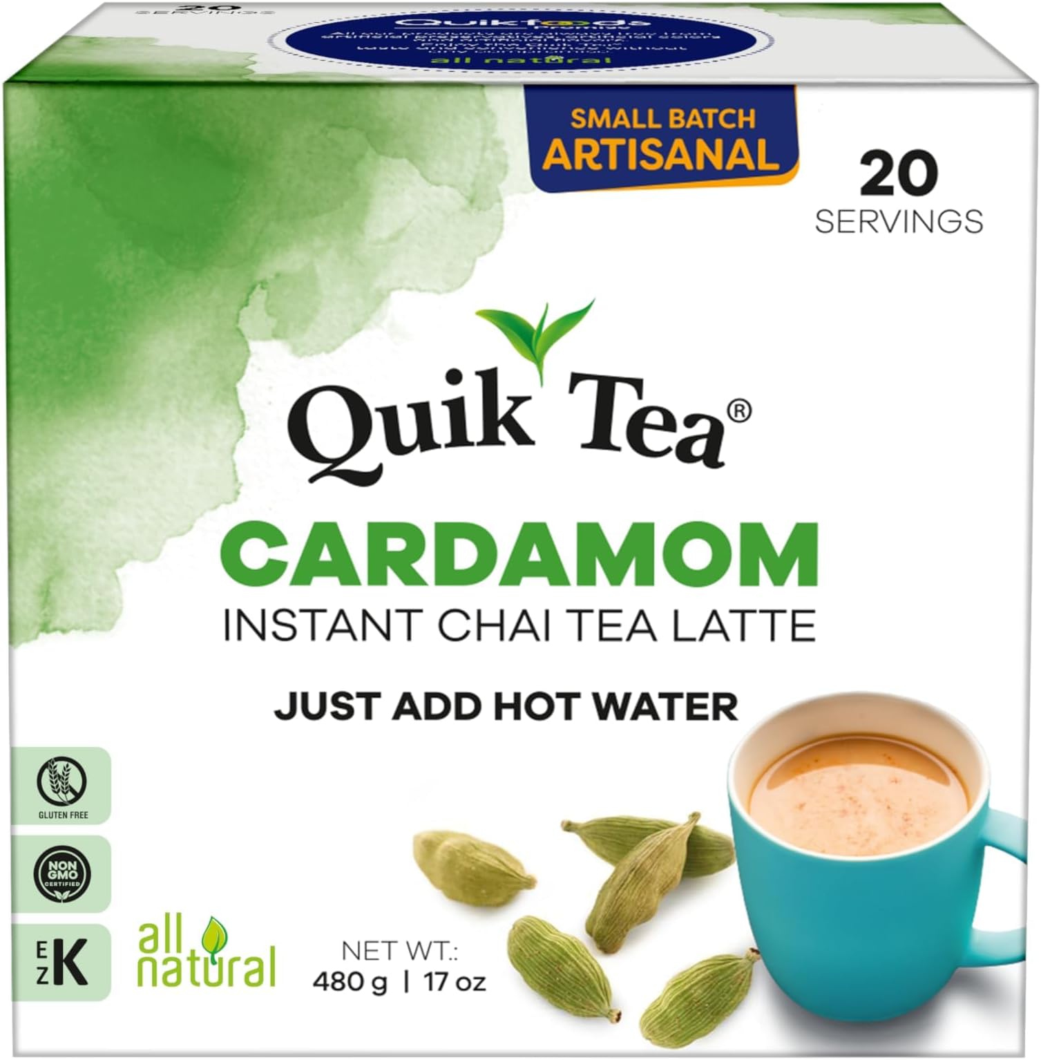 QuikTea Cardamom Chai Tea Latte โ 20 Count, Bold Cardamom Flavor, No Preservatives โ Just Add Hot Water