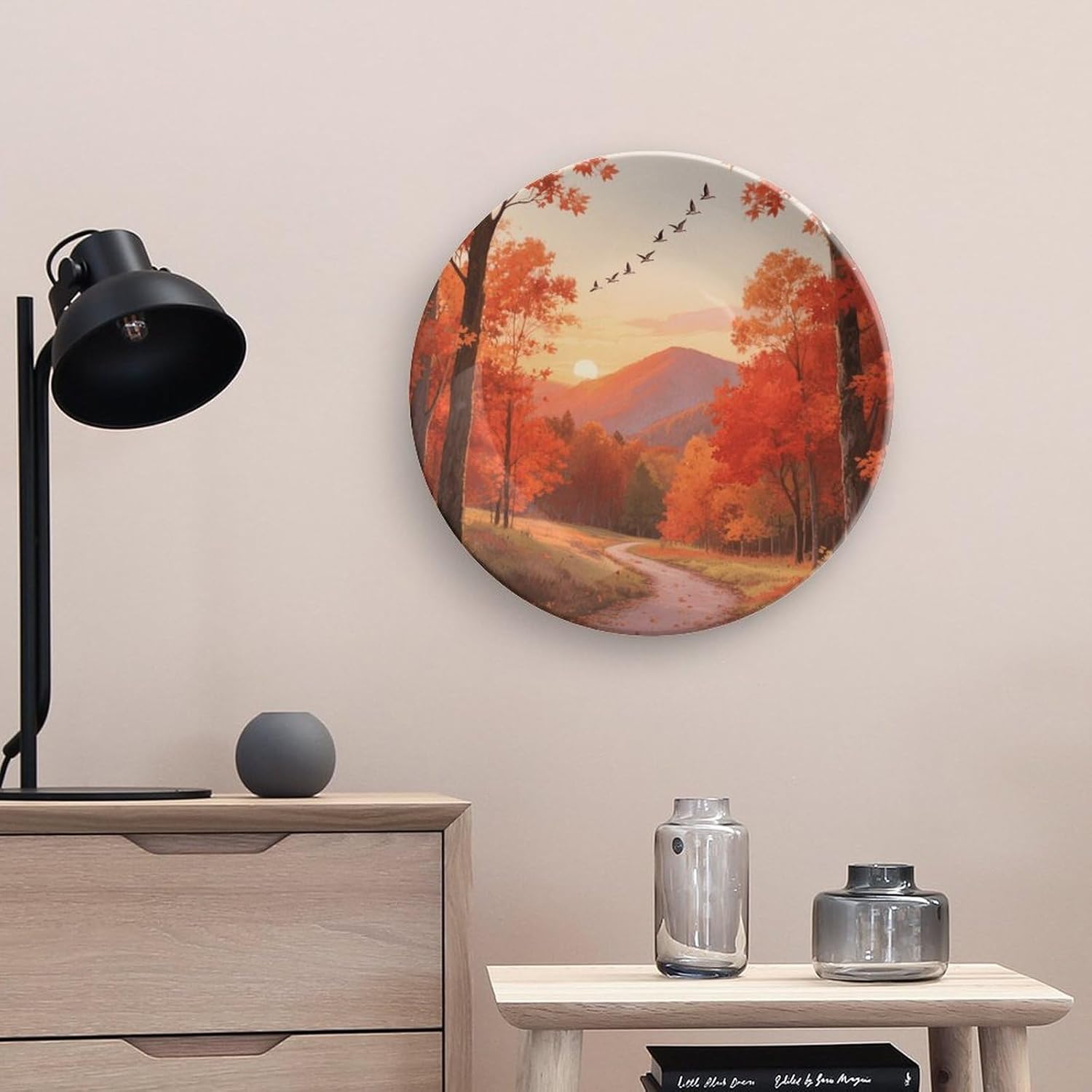 Bone China Decorative Plates Maple Forest at Dusk Ceramic Decorative Plate Wall Decor with Display Stand Ceramic Ornaments for Wall Hanging Decoration