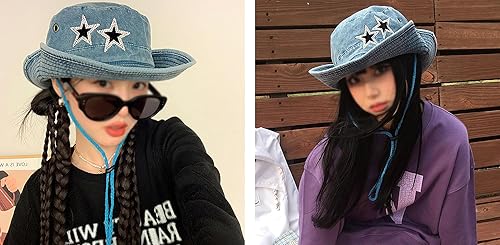 Miniatura 6 de Sombrero vaquero de mezclilla para mujer, sombrero de pescador lavado con estrella de cristal Y2k con gorro de sol plegable Safari Boonie