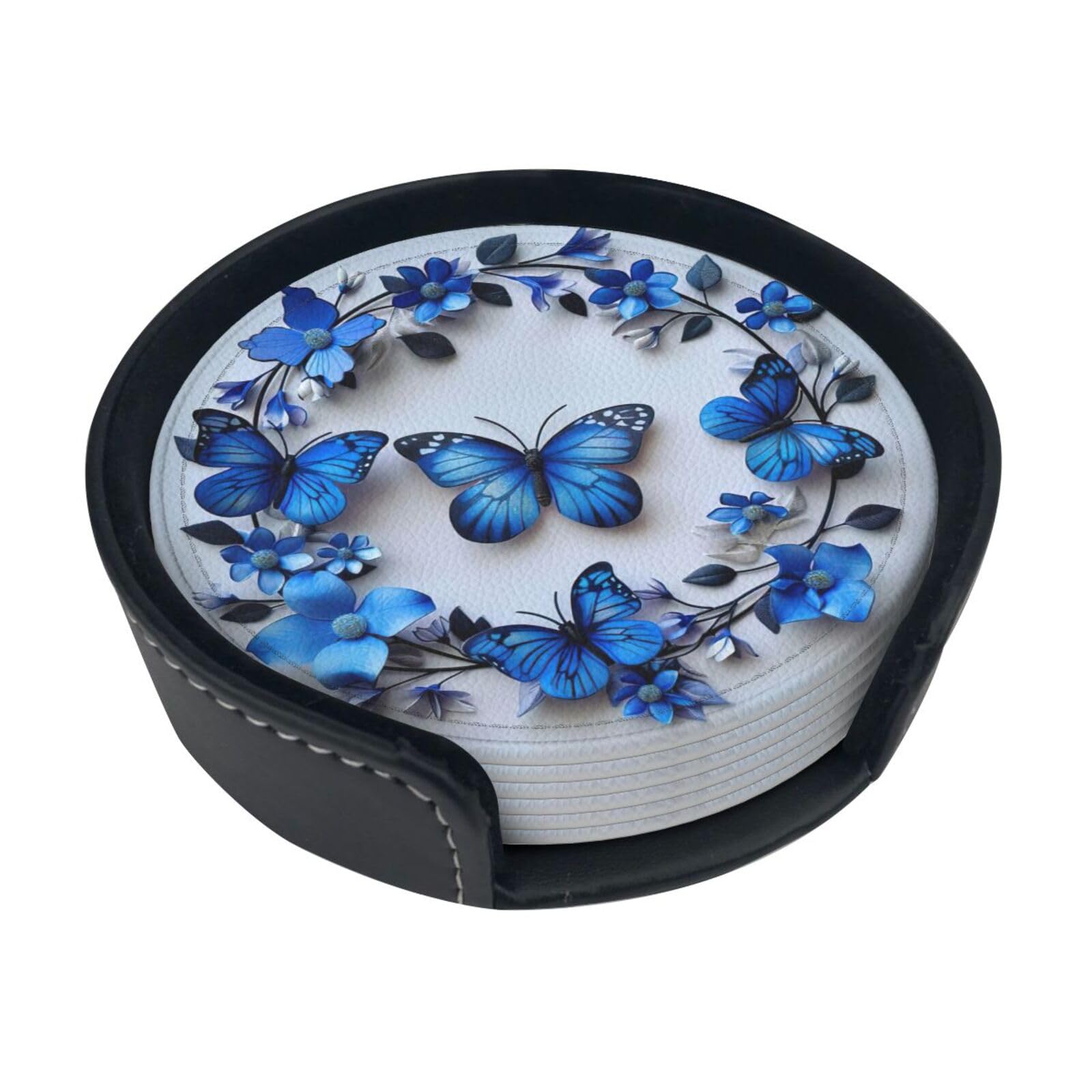 Blue Butterflies Print Round Coasters Set Of 6,Coaster For Tabletop Protection Home Bar Decor
