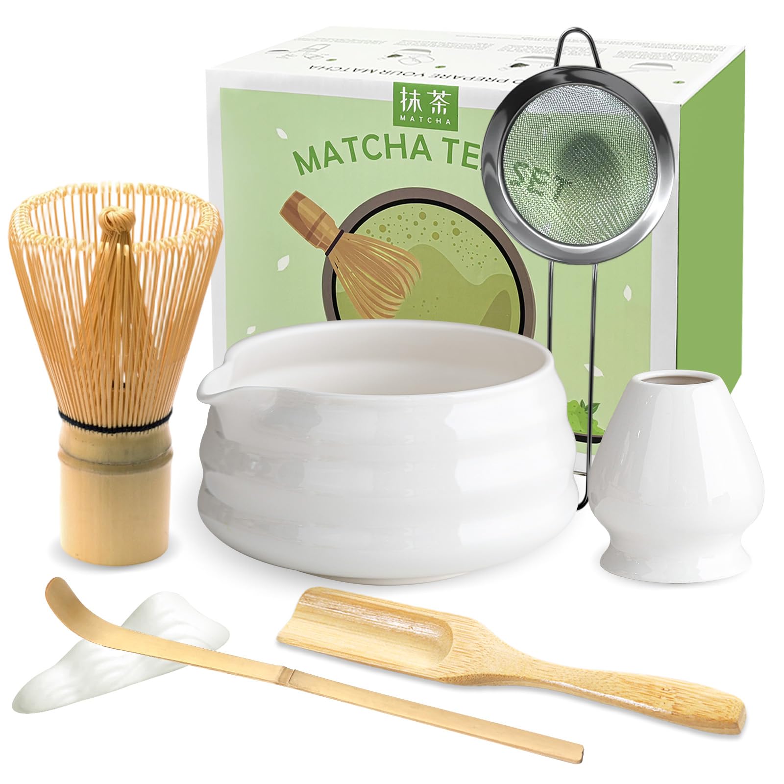 JBER Matcha Set, Matcha Tee Set 7-Teiliges - Matcha Besen und Besenhalter, Matcha Schale aus Keramik, Sieb, Matcha Löffel und Halter, Japanisches Matchabesen Set für Matcha-Liebhaber