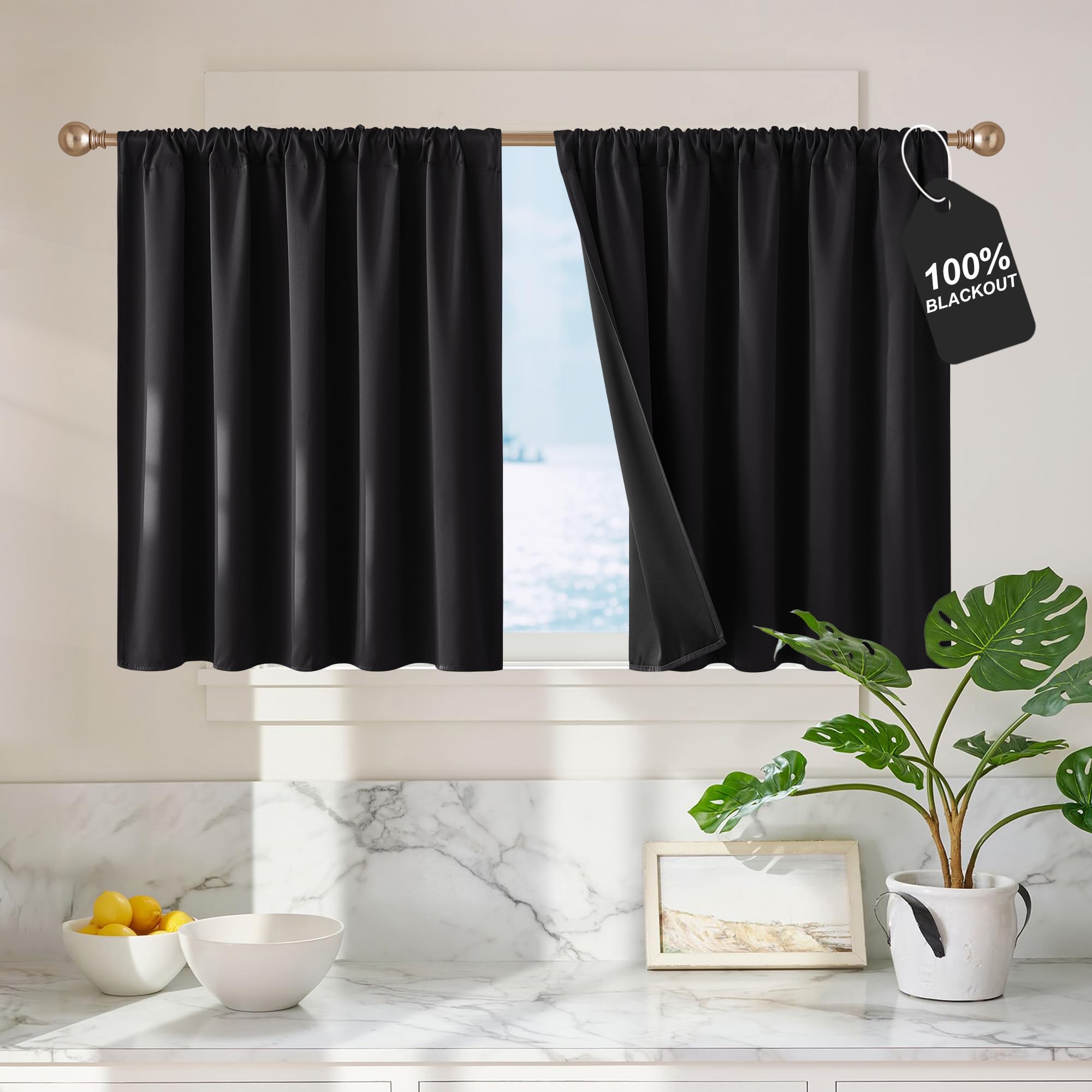 NICETOWN 100% Black Out Kitchen Curtains 36 inch Length, Rod Pocket Short Window Treatment Room Darkening Drapes, W52 x L36, 2 Panels