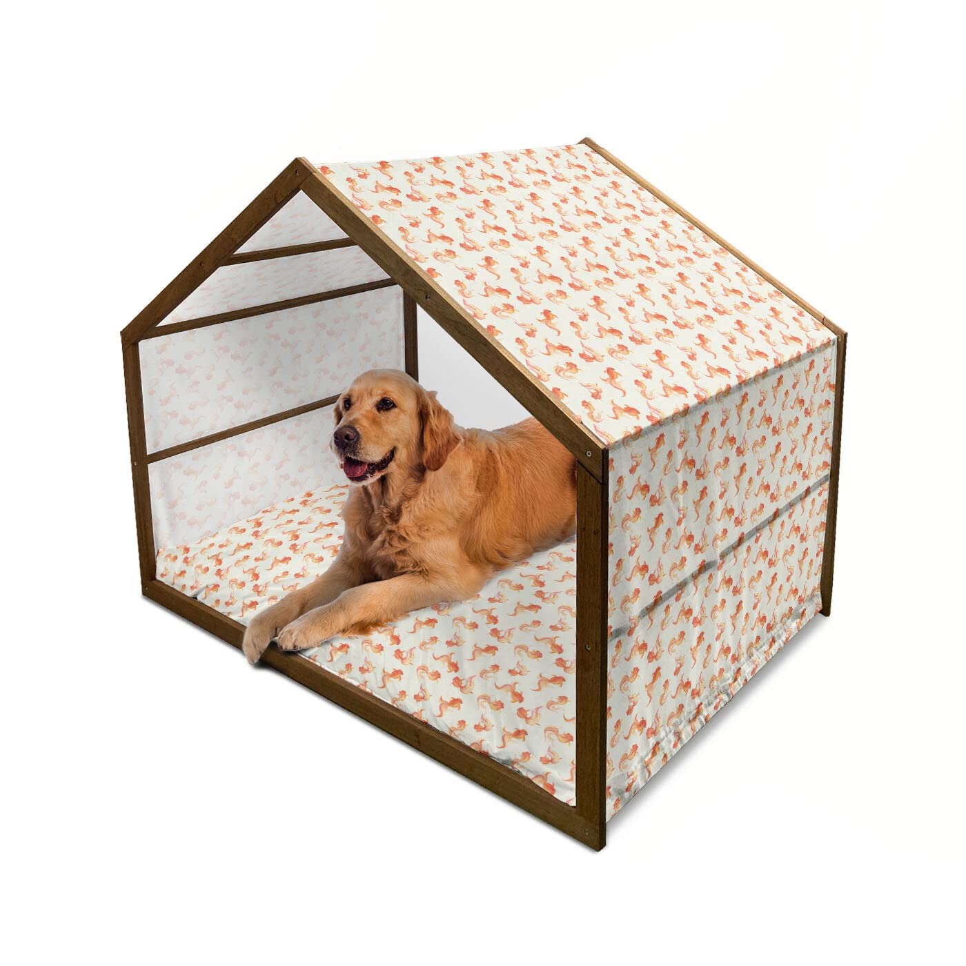 Lunarable Fish Wooden Dog House, Goldfish with Bubble Eye Pattern Illustration with Sea Animals Prin