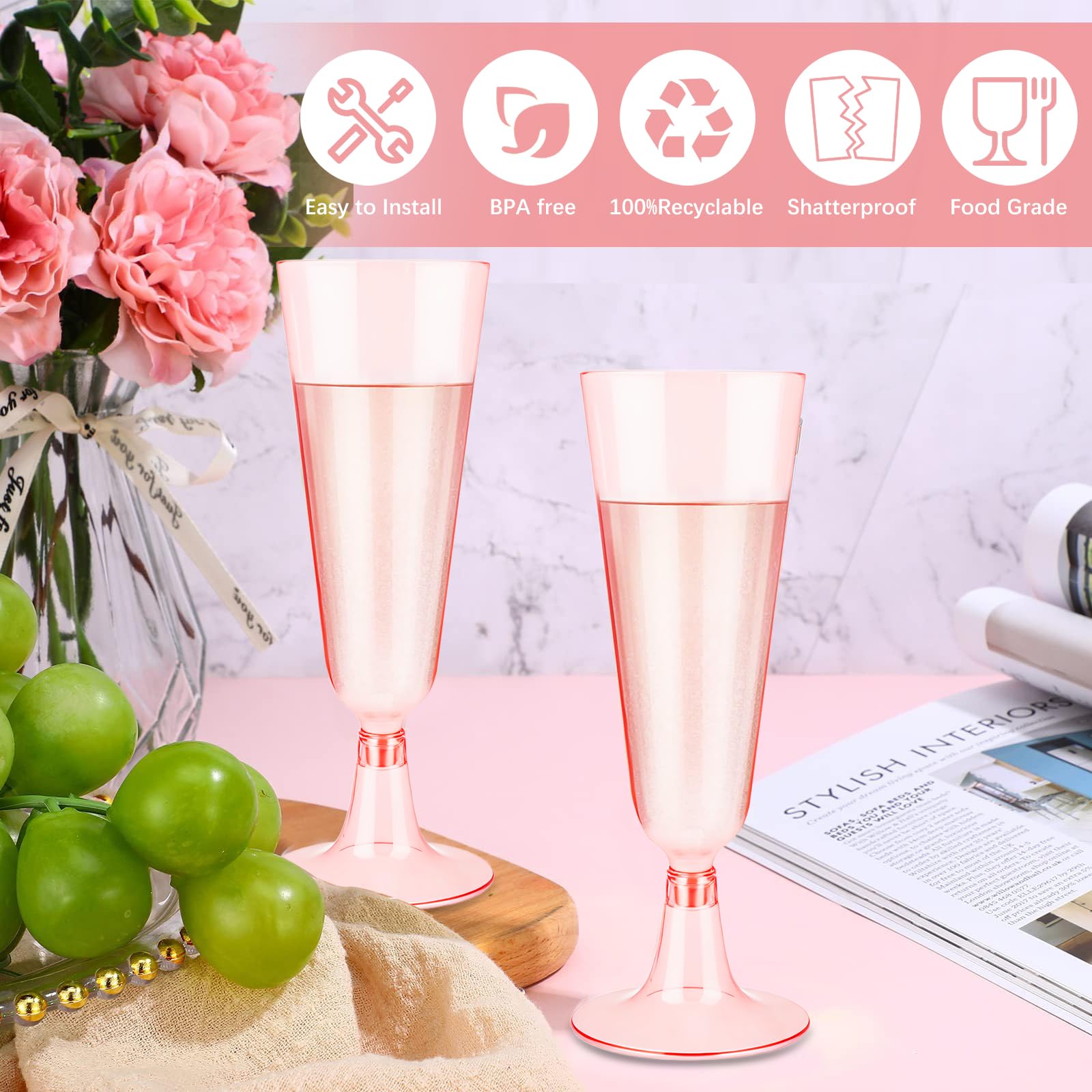 Zestaw 50 kieliszków do szampana z plastiku w kolorze różowym, 150ml plastikowe kieliszki do szampana, wielokrotnego użytku, kieliszki do koktajli na przyjęcia, wesela, urodziny
