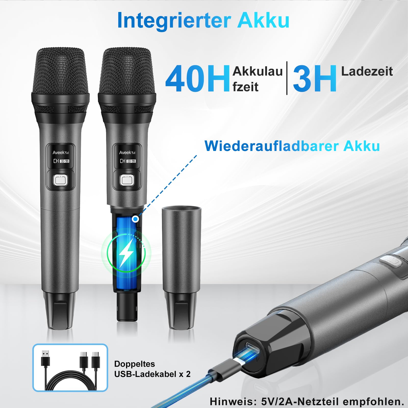 Aveek Kabelloses Mikrofonsystem mit 4er-Pack dynamischen Handmikrofonen, 79,9 m lange Reichweite, 40 Stunden Akku, Studio-Sound mit niedriger Latenz für Karaoke, Gesang, Rede, Kirche, Bühne, Hochzeit
