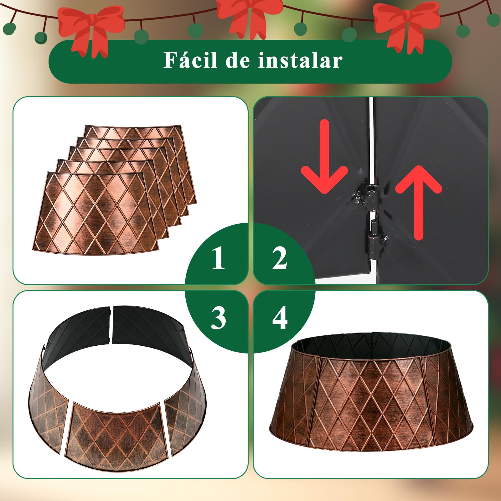 Lanpn Metal Collar Árbol de Navidad 90cm, Albero Natale Decorativo Christmas Tree Collar para Grande L Árboles Artificiales Interior Exterior - Decoración Navideña (Cobre, Rombo)