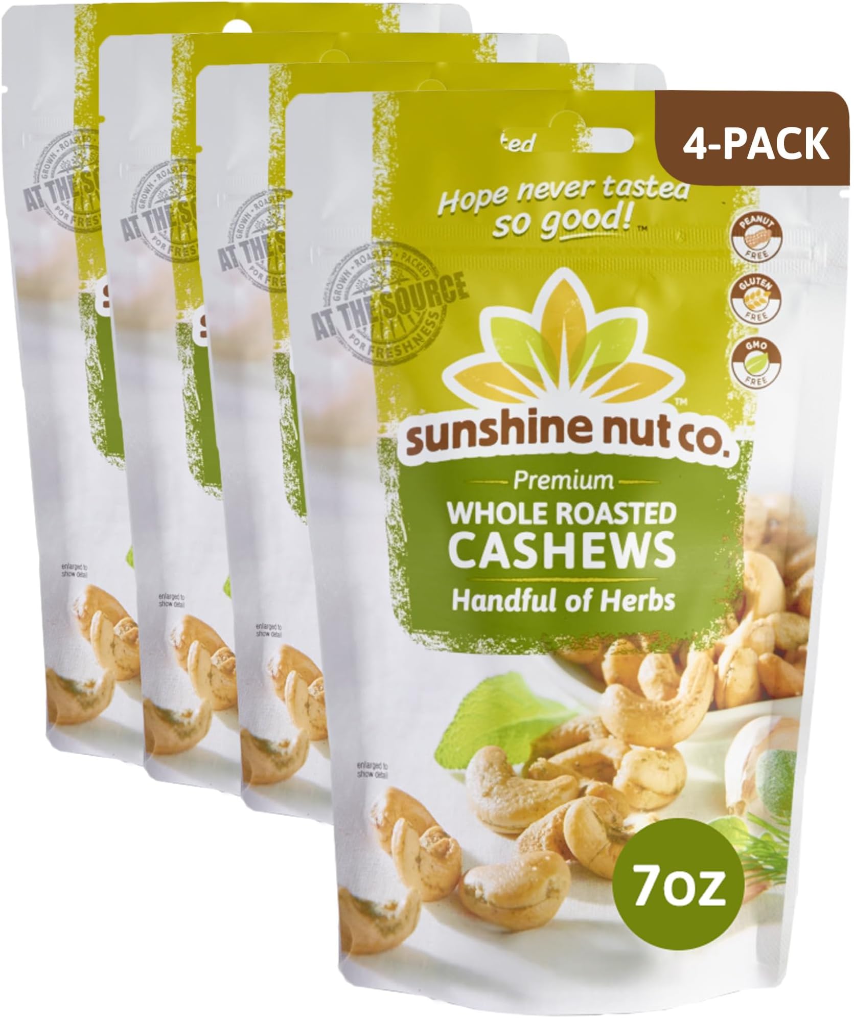 - Sunshine Nut Company Whole Roasted Lightly Salted Cashews, Handful of Herbs Flavor, 4 Pack, 7 oz. Each, Gluten Free, Peanut Free and Vegan Individual Snack Packs for Kids and Adults, GMO Free
