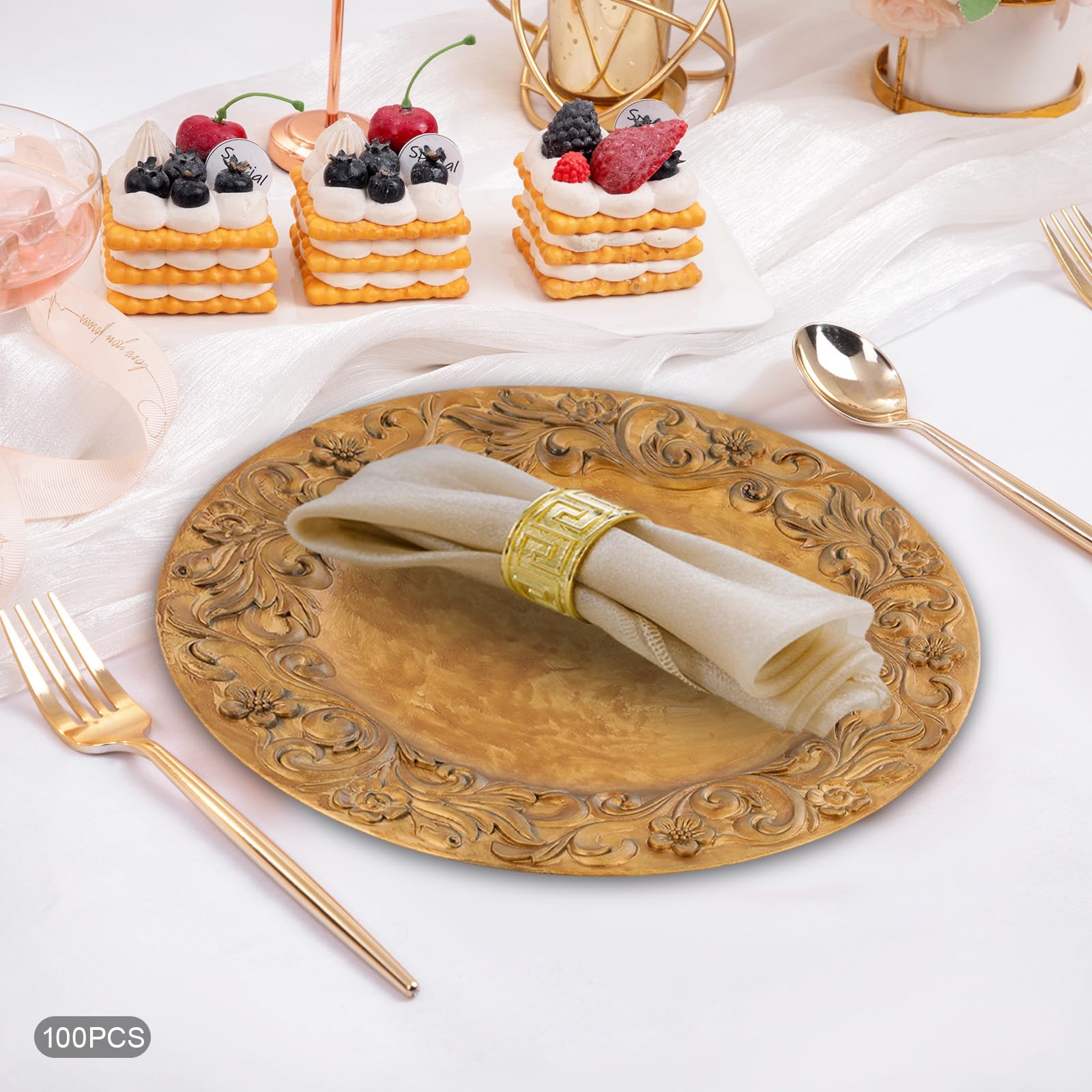 WooDerson WooDersonLuxusKrone Goldene Platzteller 100er Set, Runde Kunststoff Teller Mit Reliefrand, Untersetzer Für Hochzeit, Party, Bankett Und Hotel