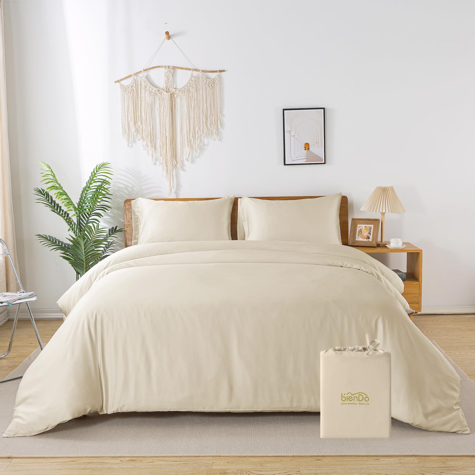 bienDo Bettwäsche 200x200 Beige, 3 Teilig, Bambus - Vegane Seide, Seidendeckenbezug und Kissenbezüge Set, Luxus, Aesthetic, Kühlend, für Sommer und Winter