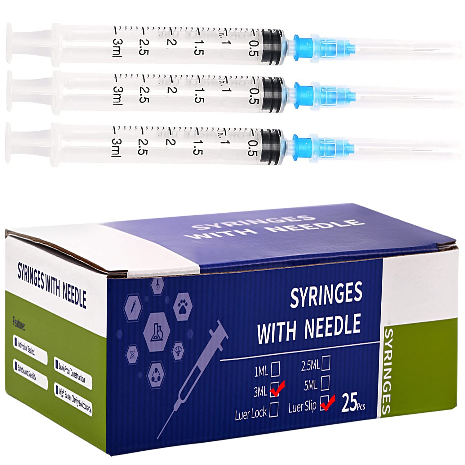 25Pack 3ml /cc 23Ga 1inch Syringes with Needle, Individual Package