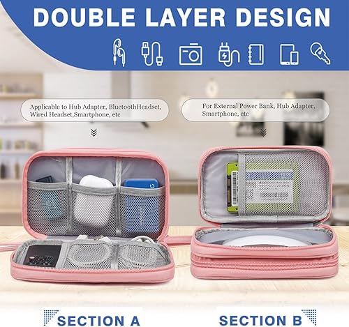 Miniatura 4 de Organizador electrónico de cables para viajes, bolsa de transporte para accesorios electrónicos, portátil, impermeable, de doble capa, bolsa de Rosa