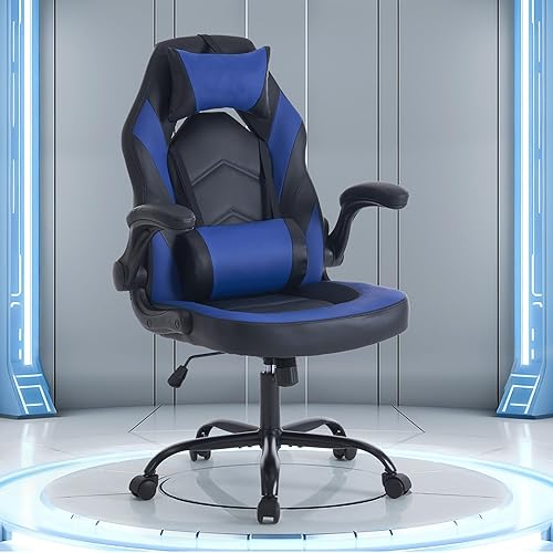 Miniatura 8 de OLIXIS Office Desk Leather Gaming Computer Chair with Adjustable Swivel Task and Flip-up Arms, Black-Blue