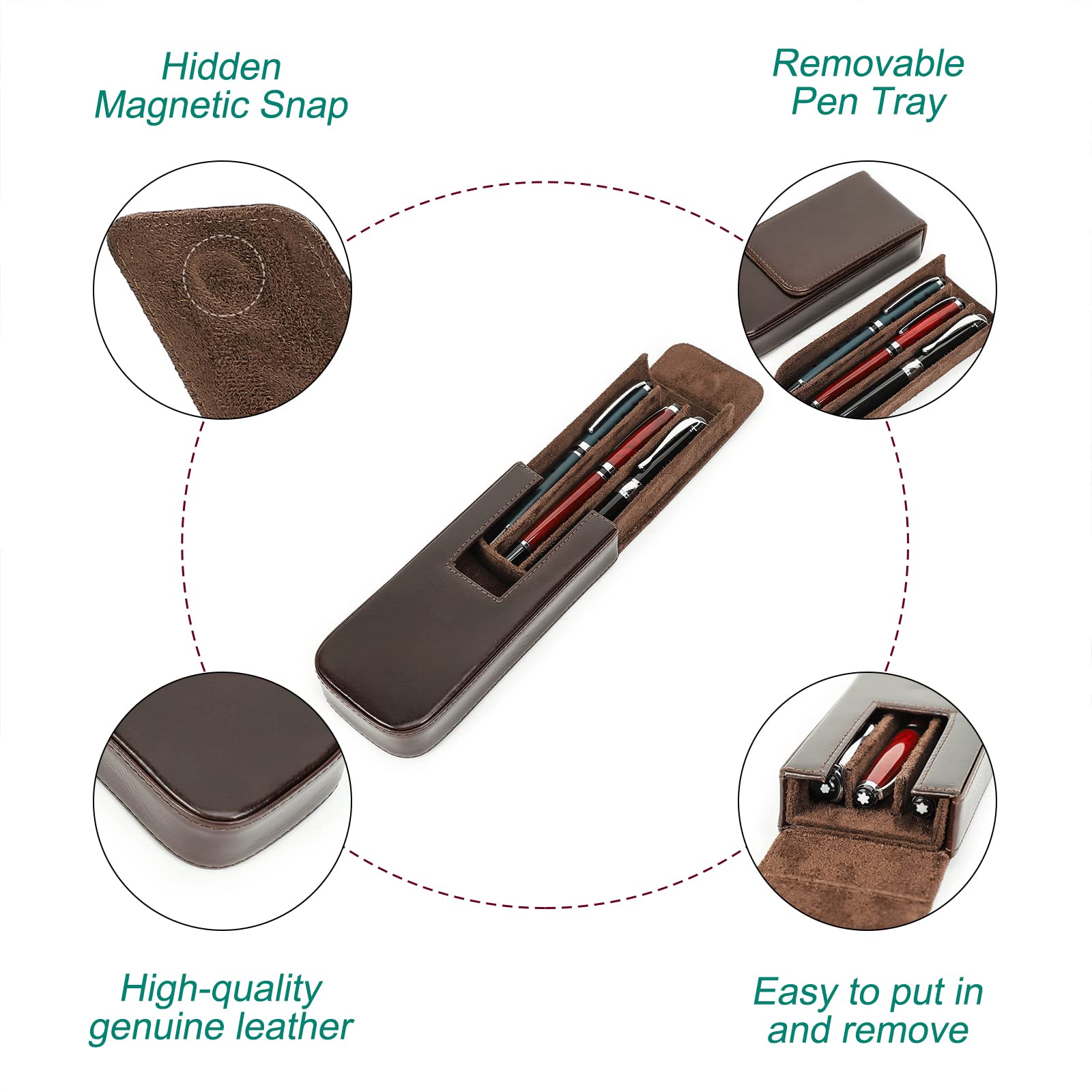 Hiram Leather Pen Box for 3 Pens Vegetable Tanned Leather Fountain Pen Storage Case with Hidden Magnetic Snap Closure and Pens Tray Design (Coffee) - Image 3